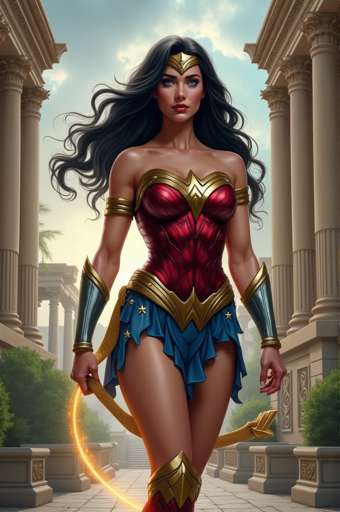 Wonder woman standing in forest.