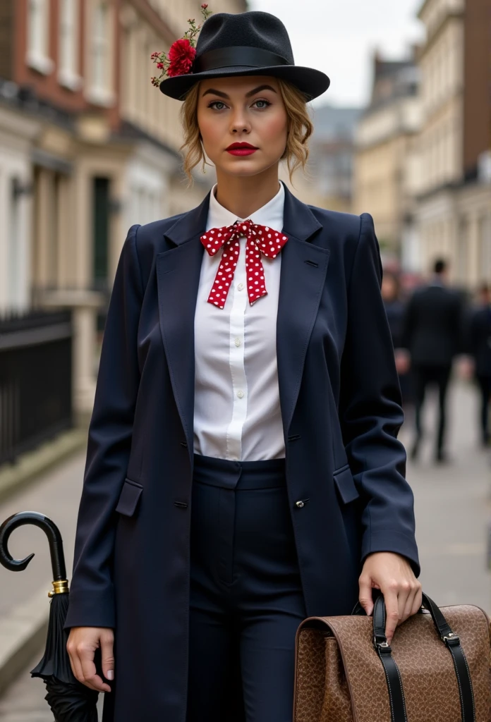 Create a realistic and sexy depiction of Nancy Ace as Mary Poppins. She is wearing a tailored navy-blue coat with a fitted waist and flared hem, buttoned neatly over a crisp white blouse with a red and white polka-dot bow tie at the collar. She holds a black umbrella with a parrot-shaped handle in one hand and an intricately patterned vintage carpet bag in muted tones in the other. Her short, wavy blonde hair is styled neatly beneath a black straw boater hat adorned with a small red flower and delicate berries. Her makeup is classic, with rosy cheeks and soft red lipstick, complementing her warm, refined look. The background is an Edwardian London street scene, softly lit to evoke a magical and nostalgic atmosphere



