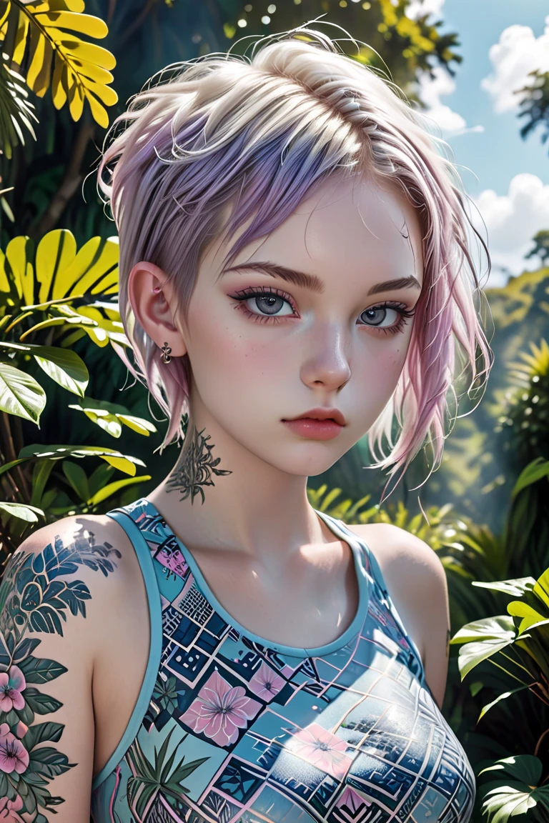 A English Punk Tattooed teenage model of rare beauty, with extremely pinkish-white milky skin, short Mohawk cut hair, small, perky breasts, distracted açaí blue eyes, and long, delicate hands. She is wearing a vanilla blue top with turquoise geometric patterns, violet leggings, and lilac hiking shoes. She is walking in a forest of tropical trees with a rustic stone floor. Damp, reflective floor, vanilla blue sky, backlit sun, cumulonimbus cloud. 
Color photograph (primary colors)Camera Canon EOS R6 Mark II, 55 mm, ISO 100,400, 4K