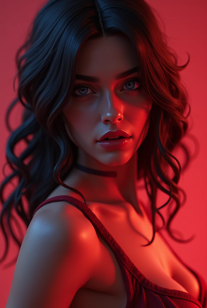 a woman bending forward, cleavage, beautiful detailed eyes, beautiful detailed lips, extremely detailed face and portrait, long eyelashes, upper half body, (best quality,4k,8k,highres,masterpiece:1.2),ultra-detailed,(realistic,photorealistic,photo-realistic:1.37),anime,illustration,digital painting,vibrant colors,dramatic lighting