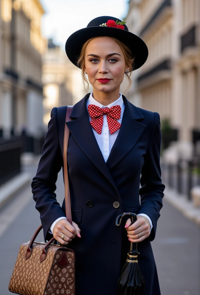 Create a realistic and sexy depiction of Nancy Ace as Mary Poppins. She is wearing a tailored navy-blue coat with a fitted waist and flared hem, buttoned neatly over a crisp white blouse with a red and white polka-dot bow tie at the collar. She holds a black umbrella with a parrot-shaped handle in one hand and an intricately patterned vintage carpet bag in muted tones in the other. Her short, wavy blonde hair is styled neatly beneath a black straw boater hat adorned with a small red flower and delicate berries. Her makeup is classic, with rosy cheeks and soft red lipstick, complementing her warm, refined look. The background is an Edwardian London street scene, softly lit to evoke a magical and nostalgic atmosphere



