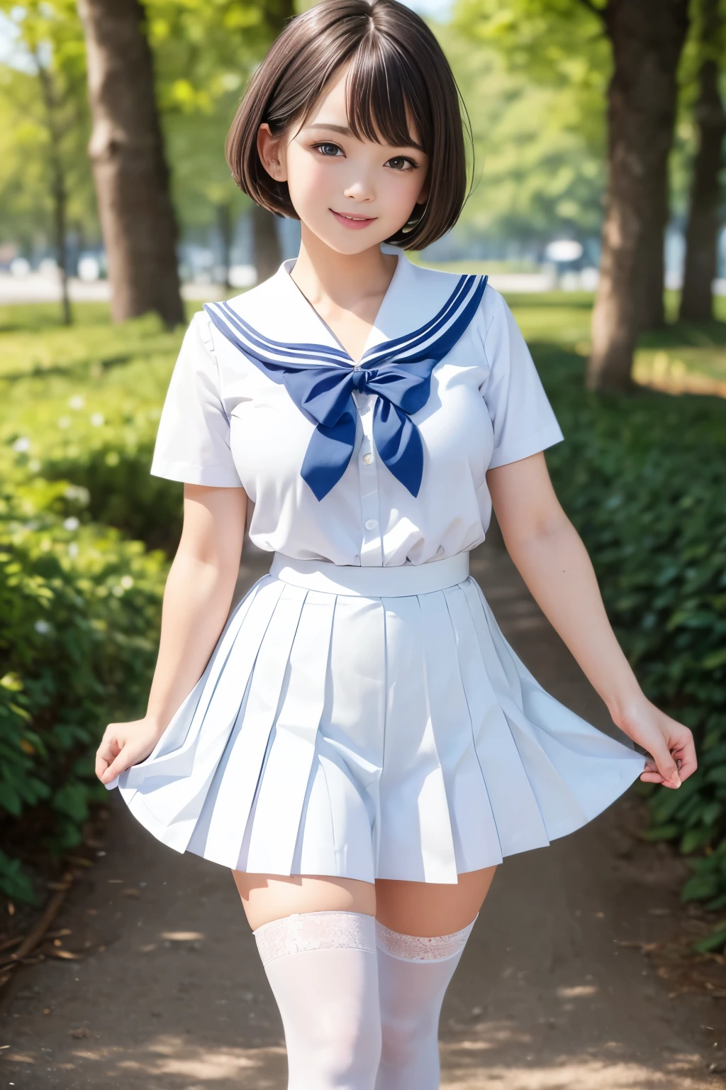 Best quality, full body focus, full body shot, perfect face, soft light, ultra high res, 8k, Masterpiece, , , view the viewer, full body , Front view, (1girl), , Cute face, (blue eys:1.5), (brown very short hair), beautiful medium breasts, , Beautiful boob, Beautiful finger, Beautiful hands, Beautiful arms, Beautiful feet, Beautiful legs, (high resolution detail of human skin texture) , ((white short sleeves sailor uniform, white pleated skirt, knee-high socks, white with lace trim, white pin heels)), , Park,, , (( standing, , smiling, nose blush) , (see-through:0.3)shirt, ,)) , ,score_9, solo, no bra, no panties, ,