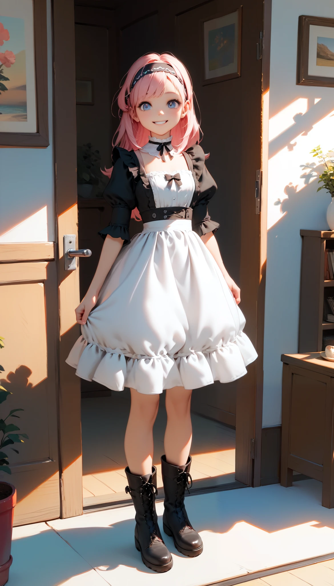 looking at the audience、,(whole body,  I can see your feet and shoes : 1.2),.( top quality,4K, high definition ,masterpiece:1.2), very detailed bust, anime style 、story、、 beautiful girl、とてもcute天使、 pink gothic dress standing in front of the front door、cute、baby face、smile、 Long Skirt、 black boots、Very cute headband