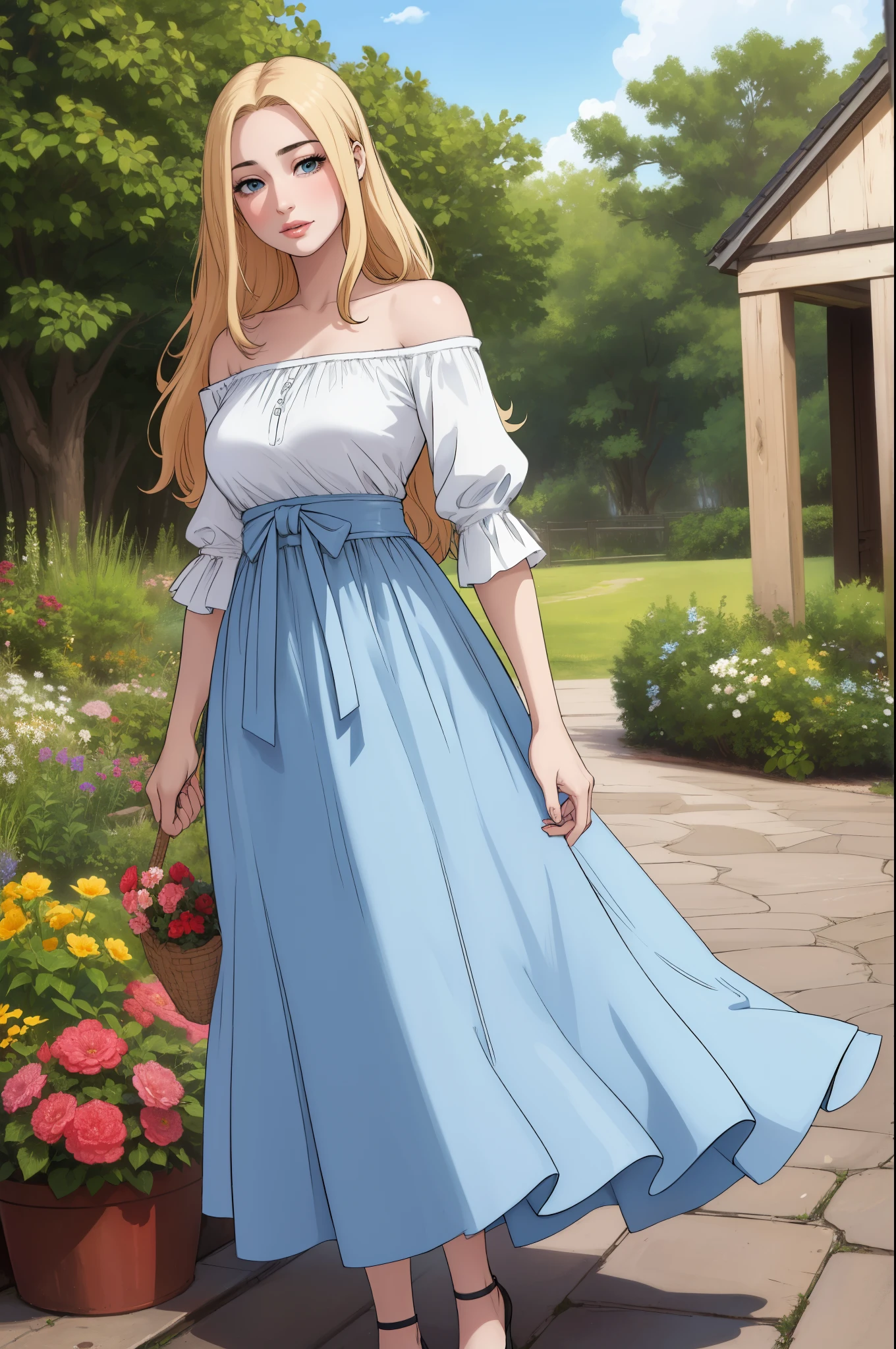 An extremely gorgeous stunning beautiful feminine mother with long straight blonde hair tied with a white ribbon, extremely fair white skin, big green-blue hazel eyes, plump red glossy lips, a plain simple smile, a plain thin slim normal body, tender arms, and a plain expression, wearing a simple long floor-length modest sky blue floral dress with a cardigan worn in an off-shoulder style, flat heels, standing straight, garden in the background, show full drawing from head to feet.