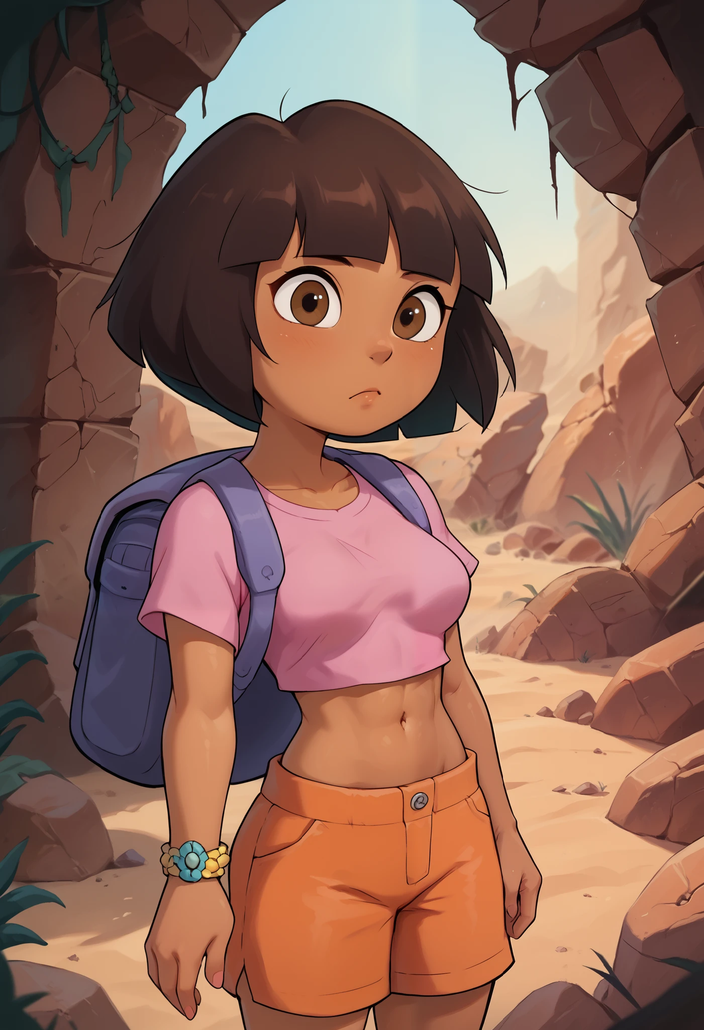  solo, From the front, symmetrical composition, cute, gloomy expression, medium breasts, Dora,  brown eyes, desert ruins, dark-skinned female, bob cut, (pink shirt), crop top, bare midriff, loose shirt, (orange shorts), bracelet, backpack, (slender athletic body),