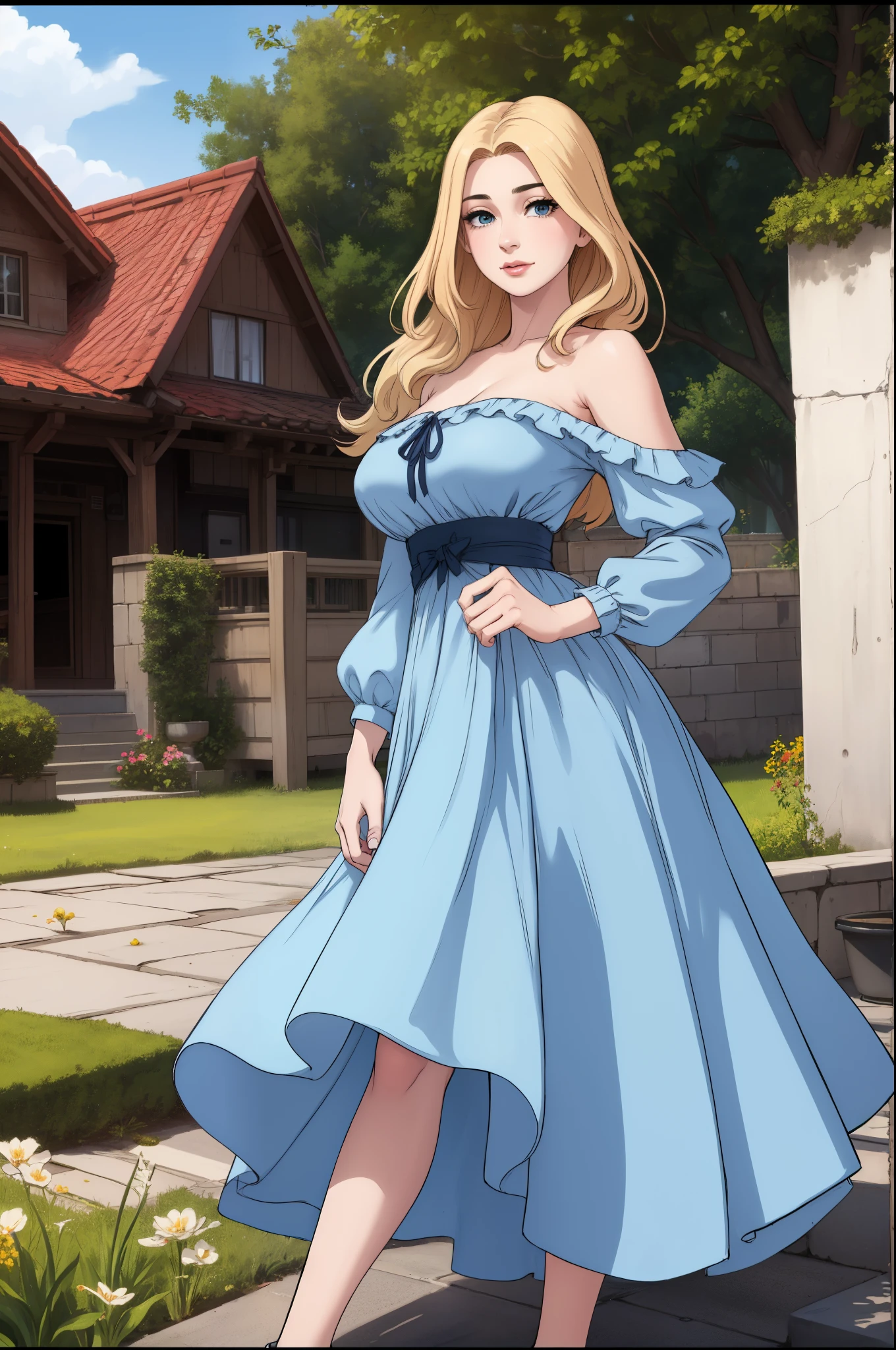 An extremely gorgeous stunning beautiful feminine mother with long straight blonde hair tied with a white ribbon, extremely fair white skin, big green-blue hazel eyes, plump red glossy lips, a plain simple smile, a plain thin slim normal body, tender arms, and a plain expression, wearing a simple long floor-length modest sky blue floral dress with a cardigan worn in an off-shoulder style, flat heels, standing straight, garden in the background, show full drawing from head to feet.