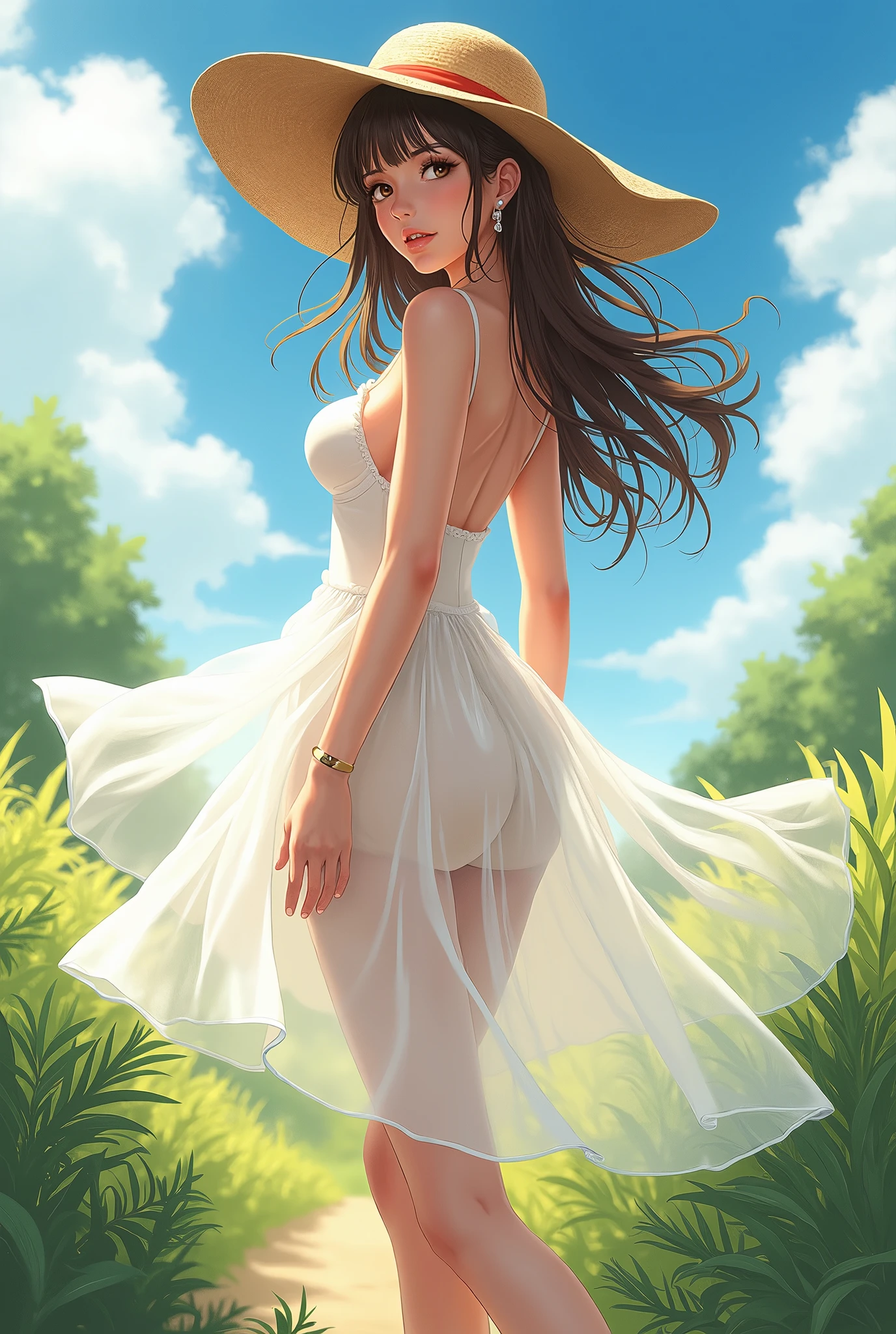  Straw Hat , Brown haired girl,  has her butt hidden in a , Open the top slightly, white dress,  see-through,  earrings,  facing the front,  beautiful big breasts ,  Lush Scenery , The wind blows through,   strong sunshine ,  clear contrast , masterpiece,  top quality,  top quality,  detailed anime illustration art, 