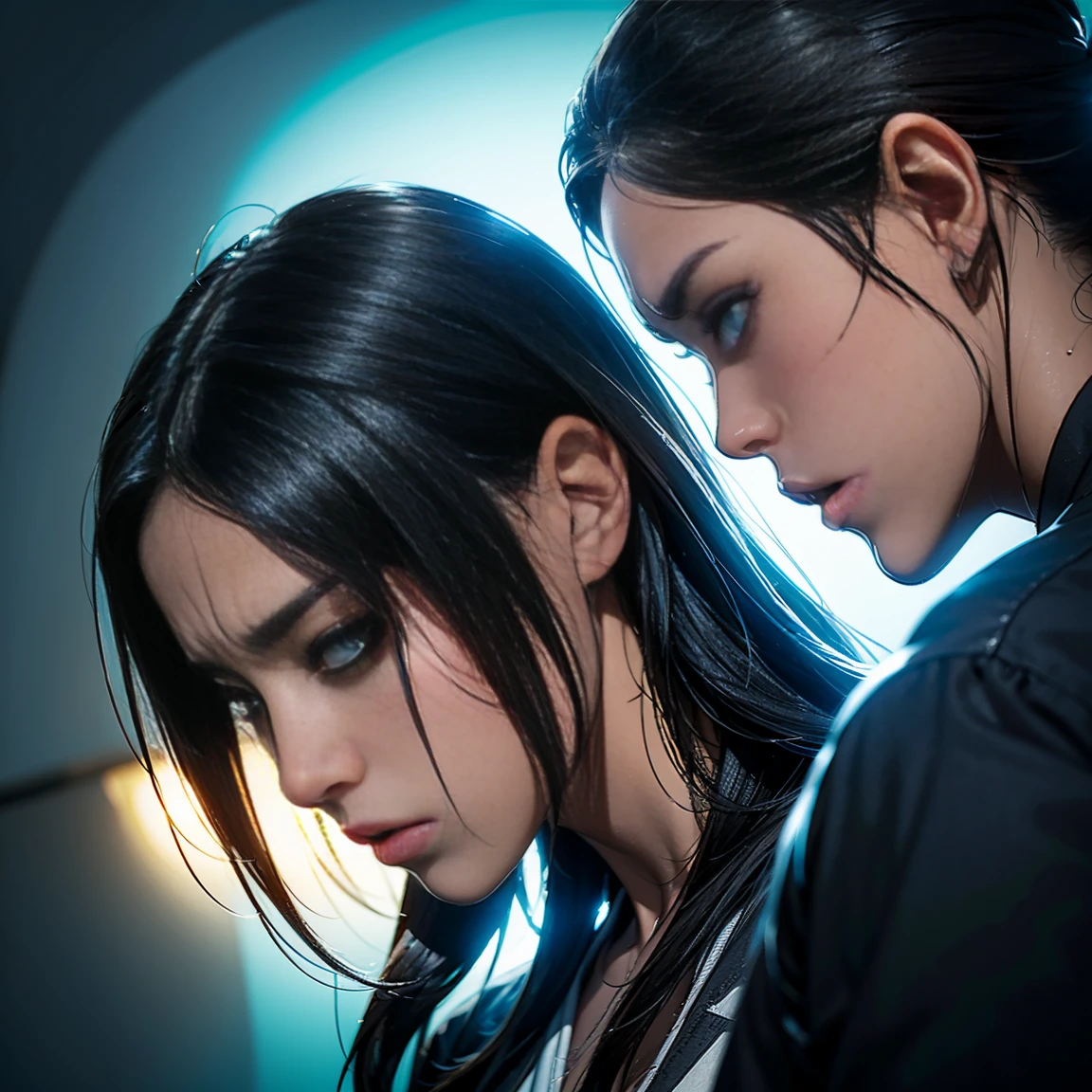dynamic shot, dynamic angle, ((2 females)), scared, bdsm, ((bound, bondage, tied, bound together)), shibary, dynamic shot, dark, low light, cold blue light, high contrast light