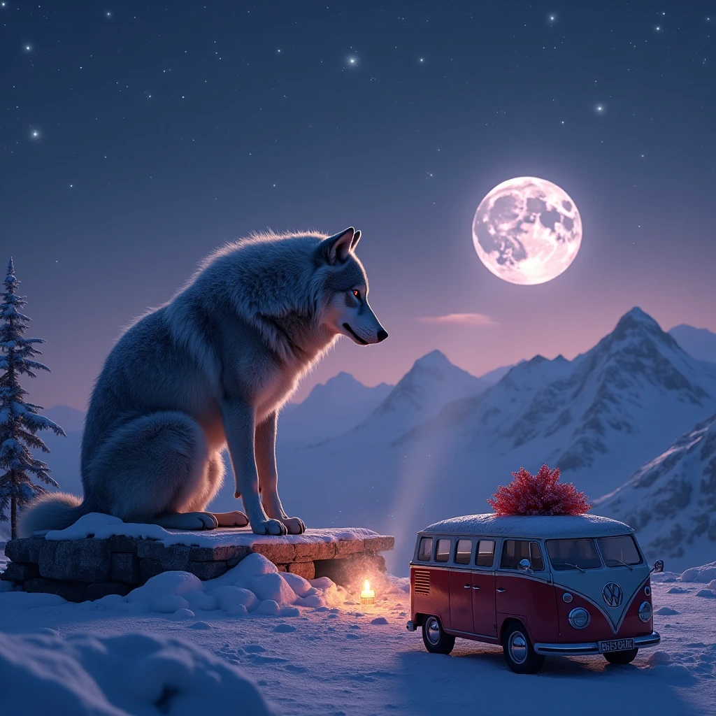 (ultra high-resolution,ultra high-quality,top Masterpiece,ultra-realistic:1.37),Atmospheric perspective, ultra high-detailed, A umparalleled wolf playing Tohoe on the top of a snow-covered mountain, howling, Moonlit night, clear air, night fog, sparkling ice particles in the air, wolf's foot prints on the snow surface, The sky turns eerily purple expansive landscape ultra professional photograph, (a spacious view from below that shows sky above and open field below), a wolf standing on wood-floor looking up, (full moon:1.2), (starry-sky shooting stars:0.9), (massive nebula:1.3), distant mountain, tree BREAK ultra professional production art, (warm light source:1.2) A santa and retro VW-minibus as a gift on the near to crismas tree, a santa claus, high-detailed santa claus, detailed new bmw car, christmas tree, gift, winter landscape, snow,,HDR,UHD,studio lighting,ultra-fine painting,sharp focus,physically-based rendering,extreme high-detail description,professional,vivid colors,bokeh,christmas,holiday,winter