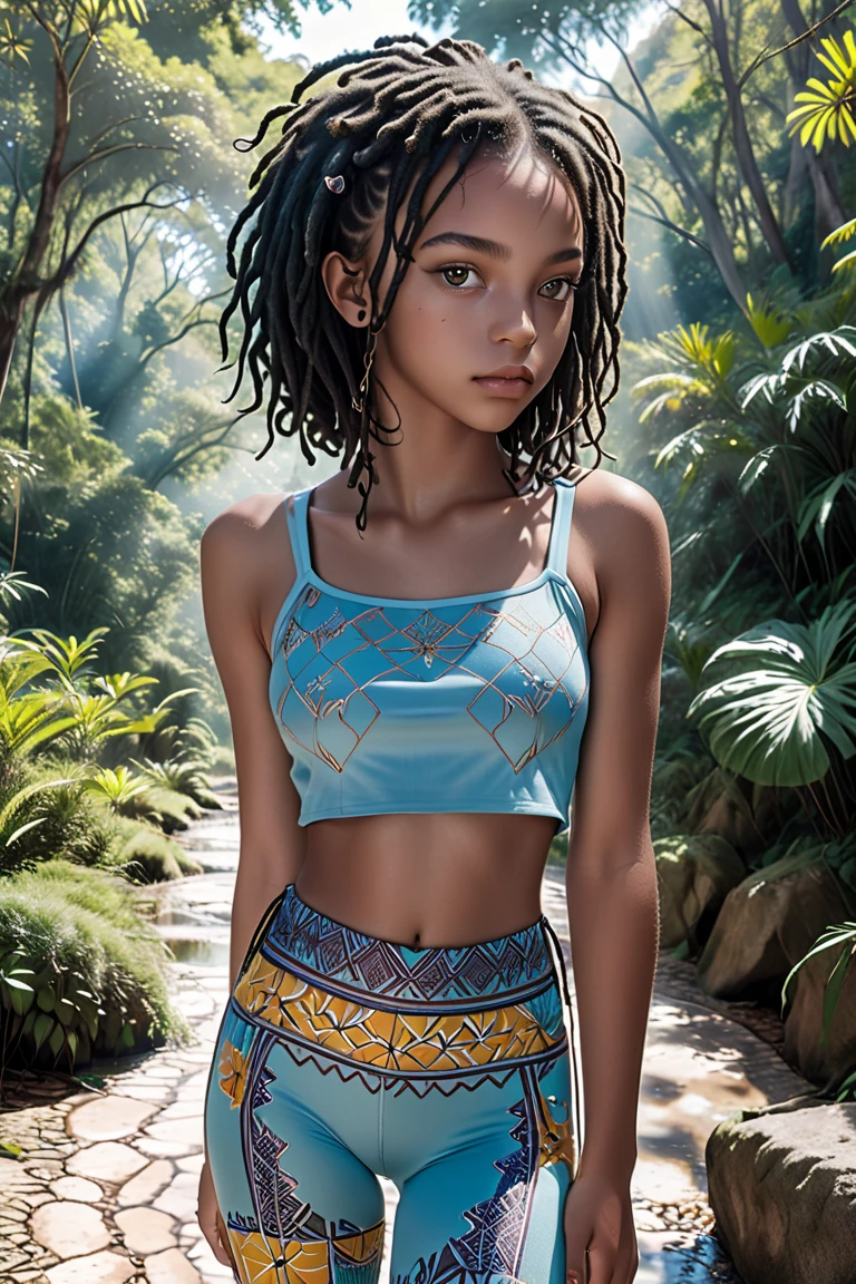 A Brazilian Black teenage model of rare beauty, with slightly tanned chocolat brown skin, short blackest dreadlocks Rastafarian cut hair , small, perky breasts, distracted açaí brown light eyes, and long, delicate hands. She is wearing a vanilla blue top with turquoise geometric patterns, violet leggings, and lilac hiking shoes. She is walking in a forest of tropical trees with a rustic stone floor. Damp, reflective floor, vanilla blue sky, backlit sun, cumulonimbus cloud. 
Color photograph (primary colors)Camera Canon EOS R6 Mark II, 55 mm, ISO 100,400, 4K