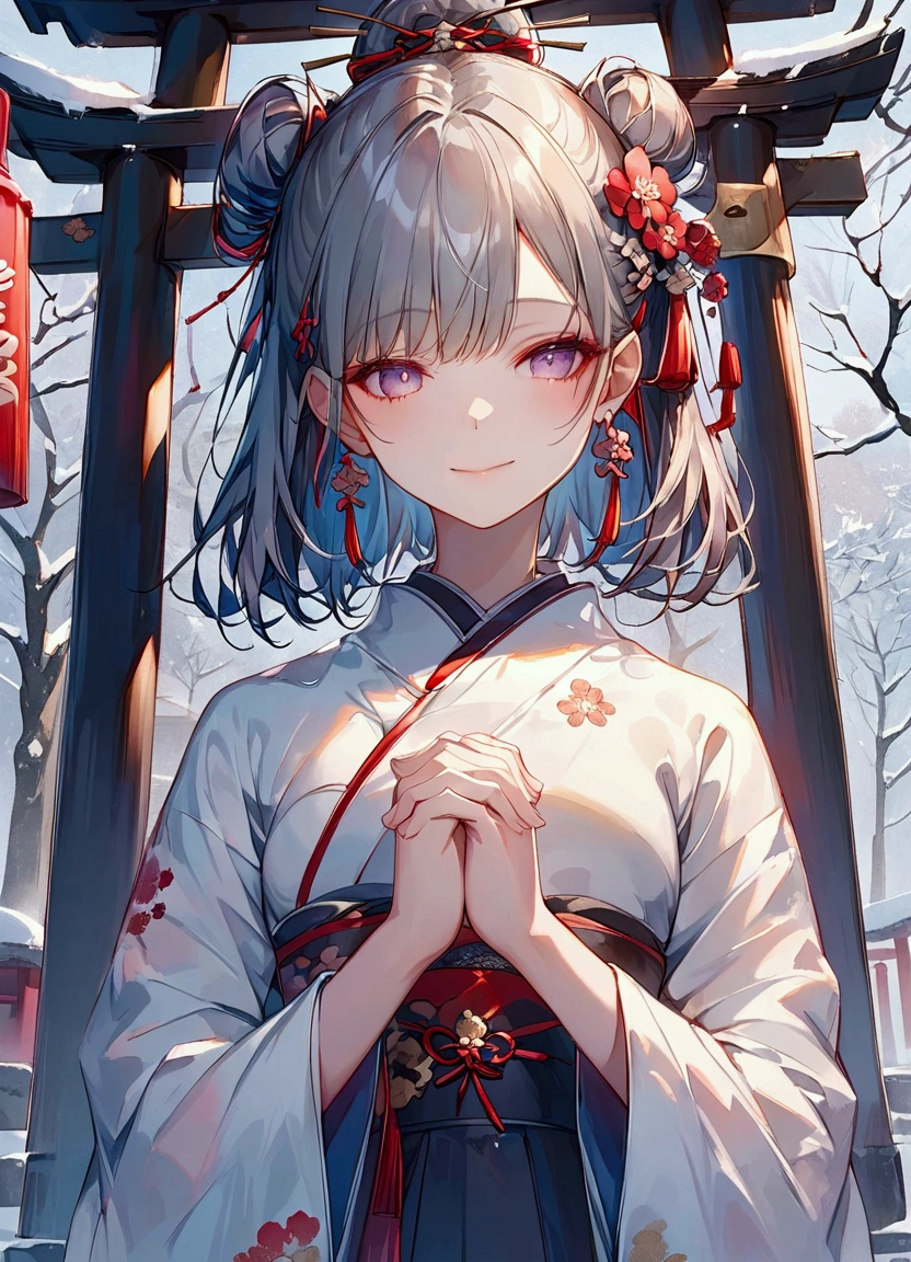 Masterpiece, highest quality, highest quality, detailed, beautiful, delicate, watercolor,front shot,A serene New Year's Eve scene at a Japanese shrine. A beautiful young girl dressed in an elegant traditional kimono with intricate floral patterns in red and gold stands in front of a wooden shrine,Gray Hair、 Smile 、 clasping her hands together in prayer. Her black, silky hair is styled in a simple bun adorned with a delicate hairpin featuring plum blossoms. Snow gently falls around her, creating a tranquil and festive atmosphere. Soft lantern light illuminates her face, highlighting her peaceful expression. Behind her, a stone torii gate and snow-covered trees complete the scene, with faint glimpses of other visitors in the background. The setting captures the solemnity and hope of New Year's prayers,4Kgraphic,