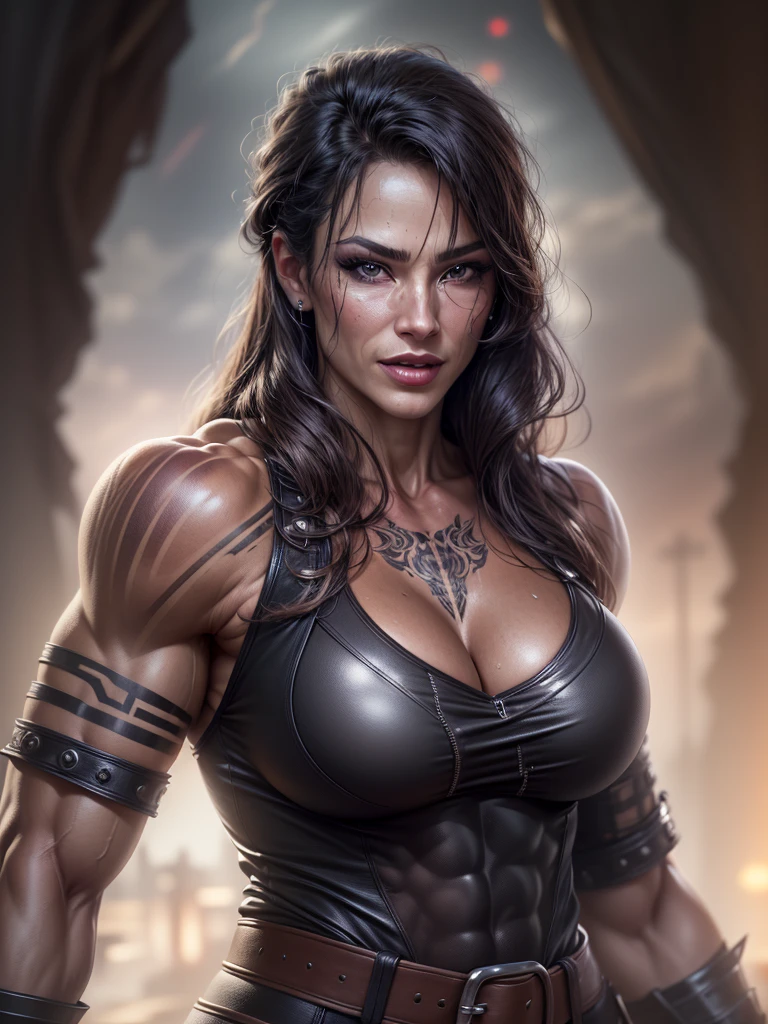 (best quality,highres,realistic:1.2), (beautiful,detailed:1.1) face, (evil:1.1) smile, (wrinkles:1.3), (dominant:1.1) posture, black long hair, big lips, closed mouth, wide jaw, black mascara, (muscular:1.6) body, muscles, big breast, sweat, tattoos, black leather armor, black leather pants, (night) fantasy landscape, outdoors