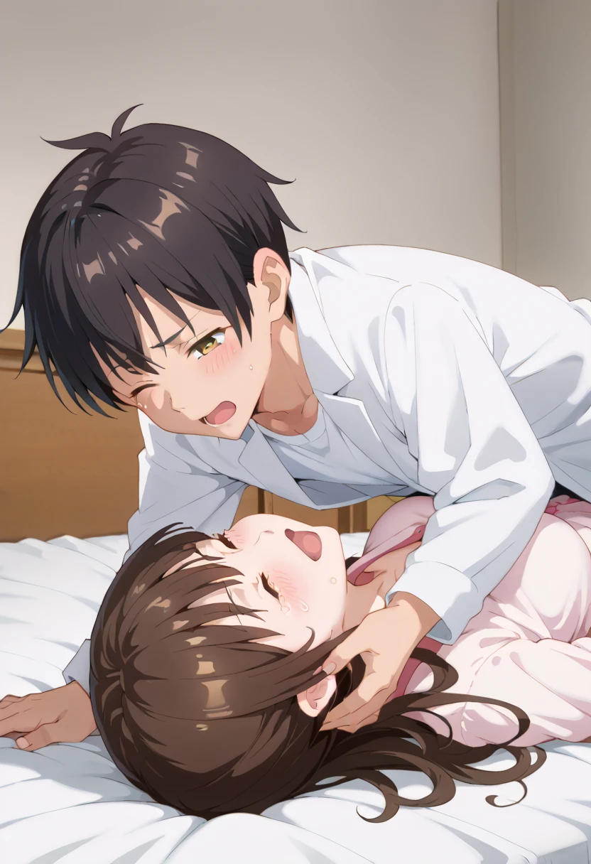  highest image quality taken by Ki、 High Quality 、( full body shot ),girl, embarrassing, close eyes, red cheek,, white bathrobe, large breasts, dating, in dark hotel room,, lie on back, bed, nsfw, orgasm, sex , man, open clothes , throw, crying face, Embarrassed Face,one eye closed,Assatis FIDE LOOK ,beautiful light of inspiration, Yukori Mitsugi,from side
