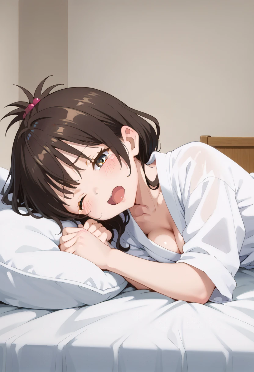  highest image quality taken by Ki、 High Quality 、( full body shot ),girl, embarrassing, close eyes, red cheek,, white bathrobe, large breasts, dating, in dark hotel room,, lie on back, bed, nsfw, orgasm, sex , man, open clothes , throw, crying face, Embarrassed Face,one eye closed,Assatis FIDE LOOK ,beautiful light of inspiration, Yukori Mitsugi,from side
