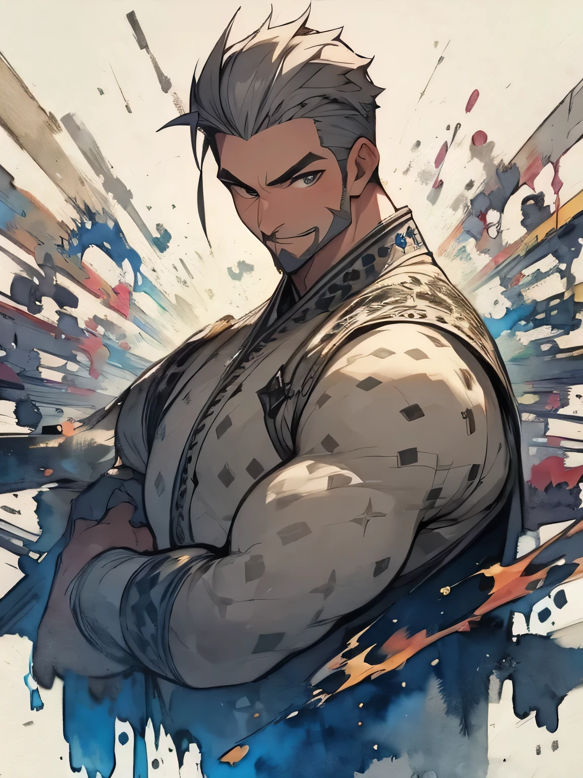 score_9, score_8_up, score_7_up, source_anime, source_explicit
kingmagnifico, 1boy, solo, gray hair, facial hair, male focus, beard, full body, muscular, upper body, shirtless, muscular, smile ,like a painting, watercolor painting style, The Art of Mathematics, Official Art, Masterpiece, beautiful, ((watercolor)), paint splashes , complex details. very detailed, [Drooping:0.7],