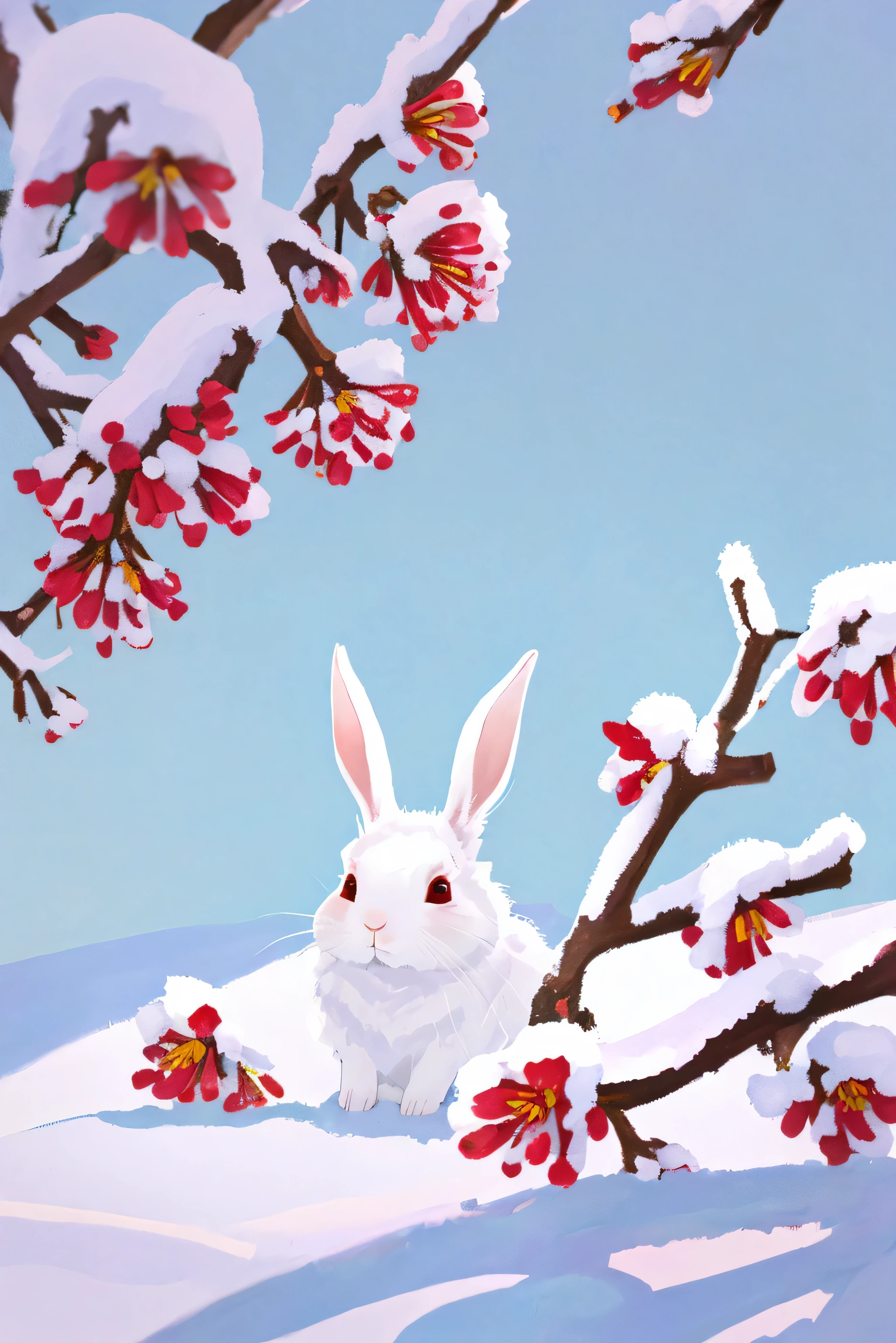 winter ，a rabbit in the shadow，on the snowy lawn，red plum flowers