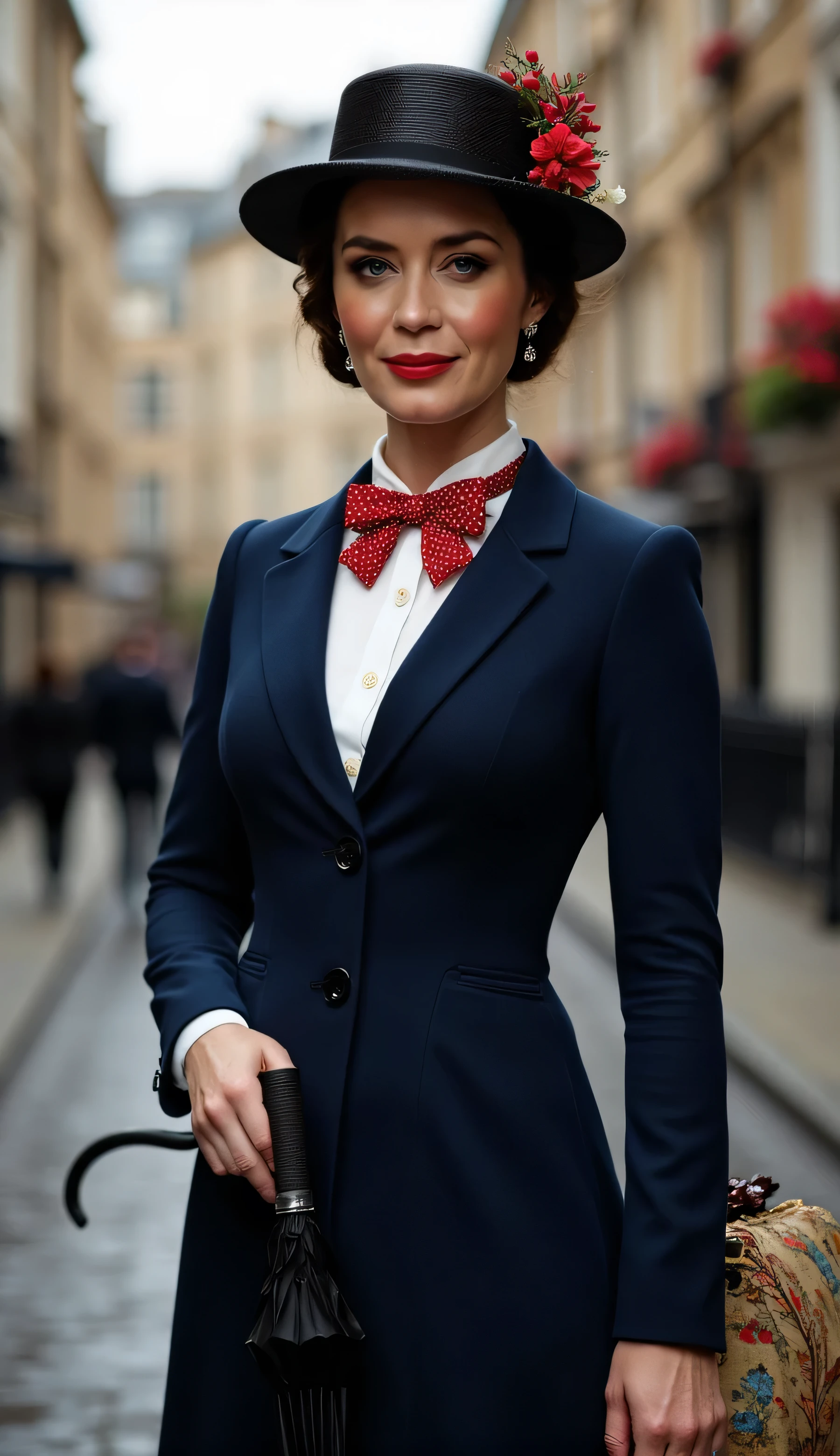 Create a realistic and sexy depiction of Emily Blunt as Mary Poppins. She is wearing a tailored navy-blue coat with a fitted waist and flared hem, buttoned neatly over a crisp white blouse with a red and white polka-dot bow tie at the collar. She holds a black umbrella with a parrot-shaped handle in one hand and an intricately patterned vintage carpet bag in muted tones in the other. Her short, wavy brunette hair is styled neatly beneath a black straw boater hat adorned with a small red flower and delicate berries. Her makeup is classic, with rosy cheeks and soft red lipstick, complementing her warm, refined look. The background is an Edwardian London street scene, softly lit to evoke a magical and nostalgic atmosphere



