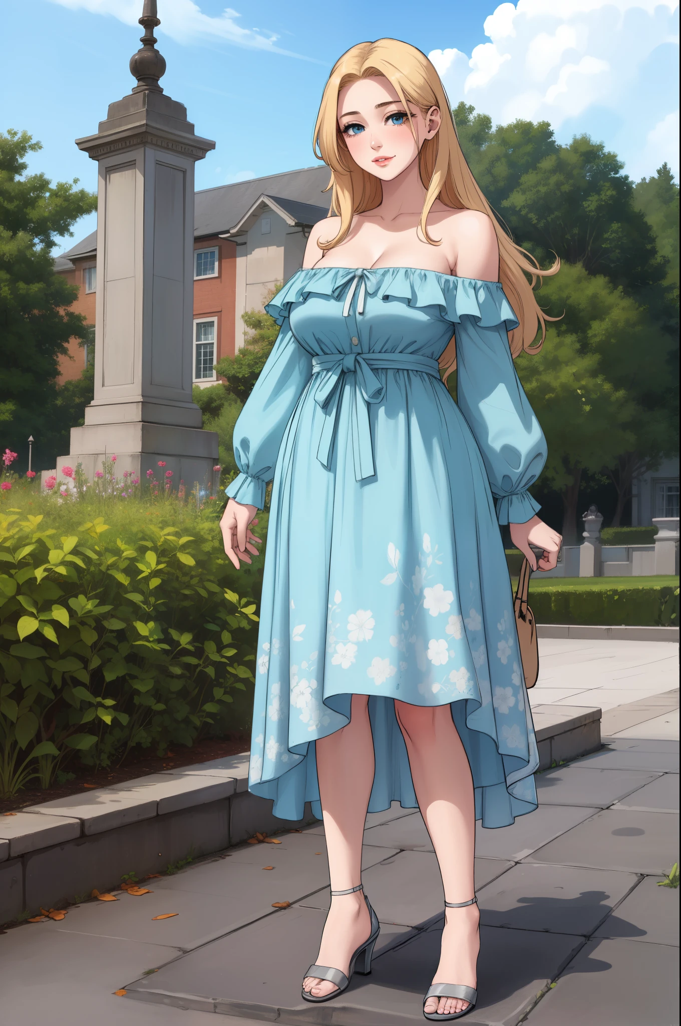 An extremely gorgeous stunning beautiful feminine mother with long straight blonde hair tied with a white ribbon, extremely fair white skin, big green-blue hazel eyes, plump red glossy lips, a plain simple smile, a plain thin slim normal body, tender arms, and a plain expression, wearing a simple long floor-length modest sky blue floral dress with a cardigan worn in an off-shoulder style, flat heels, standing straight, garden in the background, show full drawing from head to feet.