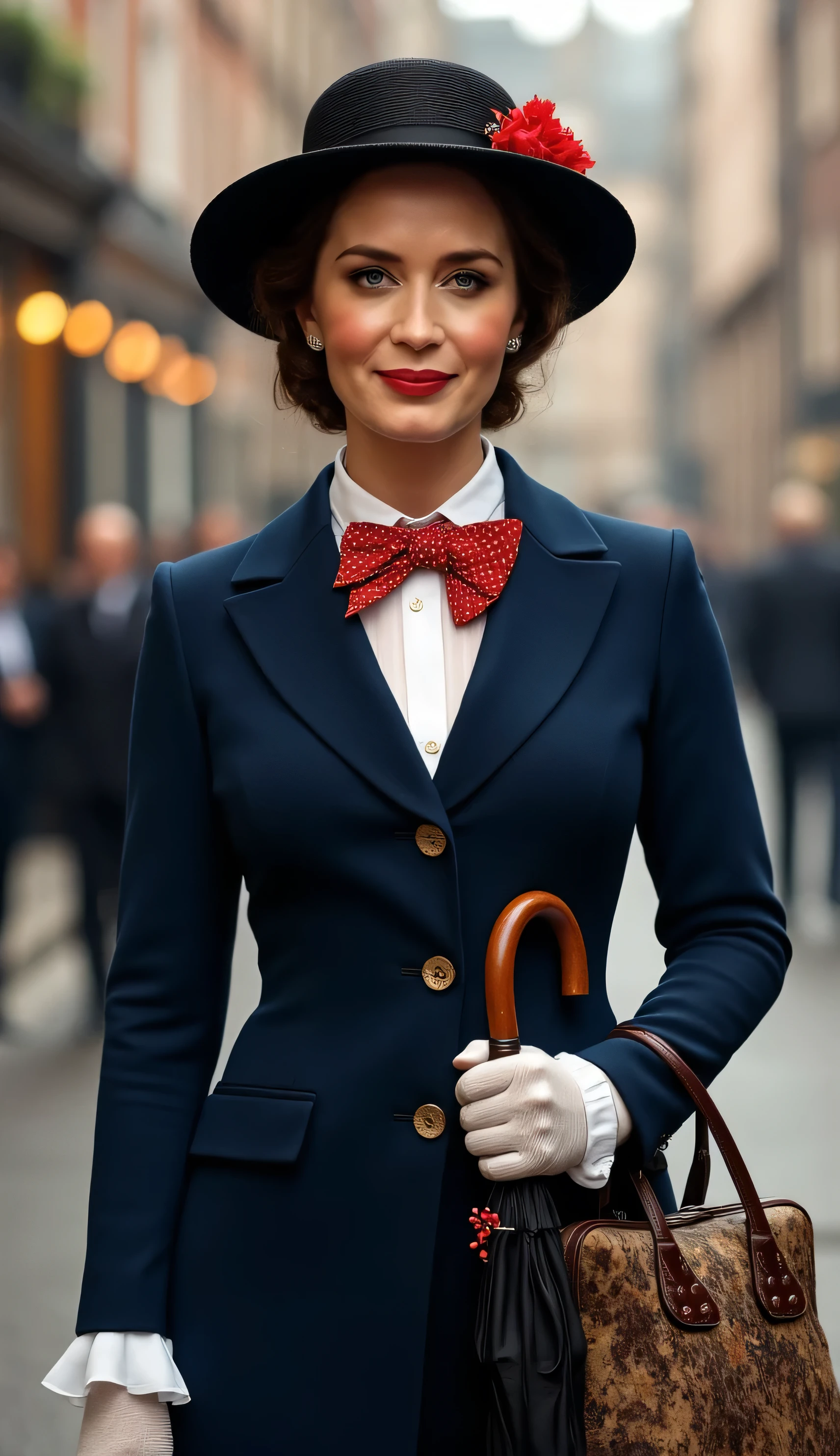 Create a realistic and sexy depiction of Emily Blunt as Mary Poppins. She is wearing a tailored navy-blue coat with a fitted waist and flared hem, buttoned neatly over a crisp white blouse with a red and white polka-dot bow tie at the collar. She holds a black umbrella with a parrot-shaped handle in one hand and an intricately patterned vintage carpet bag in muted tones in the other. Her short, wavy brunette hair is styled neatly beneath a black straw boater hat adorned with a small red flower and delicate berries. Her makeup is classic, with rosy cheeks and soft red lipstick, complementing her warm, refined look. The background is an Edwardian London street scene, softly lit to evoke a magical and nostalgic atmosphere



