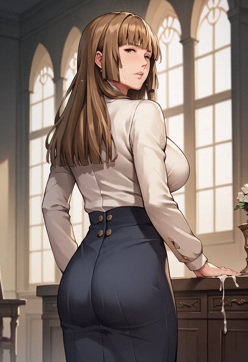  top quality,  Masterpiece , mature woman,RosaUmineko, long hair, brown hair, brown eyes,  standing with different breasts 、cum on hip,from behind 