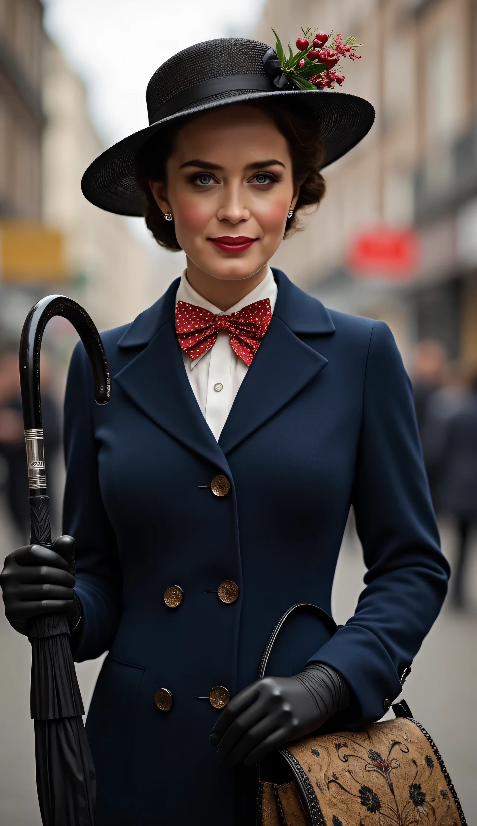 Create a realistic depiction of Emily Blunt as Mary Poppins. She is wearing a tailored navy-blue coat with a fitted waist and flared hem, buttoned neatly over a crisp white blouse with a red and white polka-dot bow tie at the collar. She holds a black umbrella with a parrot-shaped handle in one hand and an intricately patterned vintage carpet bag in muted tones in the other. Her short, wavy brunette hair is styled neatly beneath a black straw boater hat adorned with a small red flower and delicate berries. Her makeup is classic, with rosy cheeks and soft red lipstick, complementing her warm, refined look. The background is an Edwardian London street scene, softly lit to evoke a magical and nostalgic atmosphere



