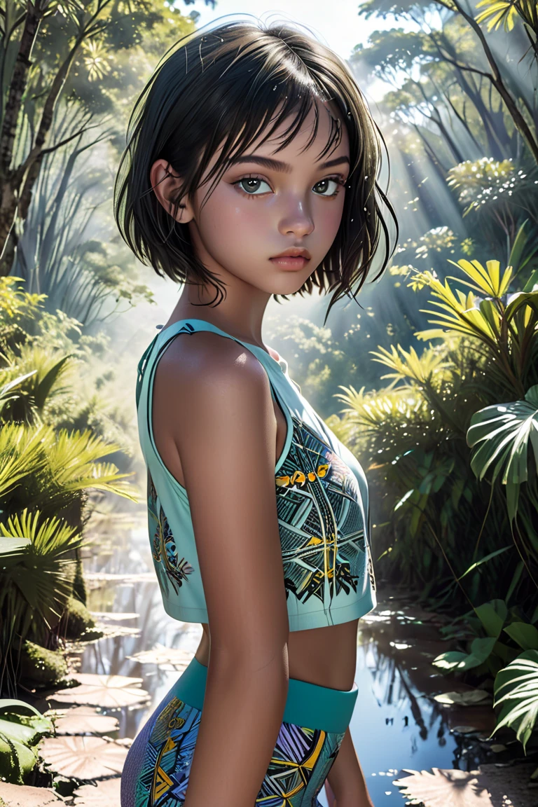 A Brazilian Guarani indigenous teenage model of rare beauty, with slightly tanned brunette skin, short blackest hair in a bob cut, small, perky breasts, distracted green light eyes, and long, delicate hands. She is wearing a vanilla blue top with turquoise geometric patterns, violet leggings, and lilac hiking shoes. She is walking in a forest of tropical trees with a rustic stone floor. Damp, reflective floor, vanilla blue sky, backlit sun, cumulonimbus cloud. 
Color photograph (primary colors)Camera Canon EOS R6 Mark II, 55 mm, ISO 100,400, 4K