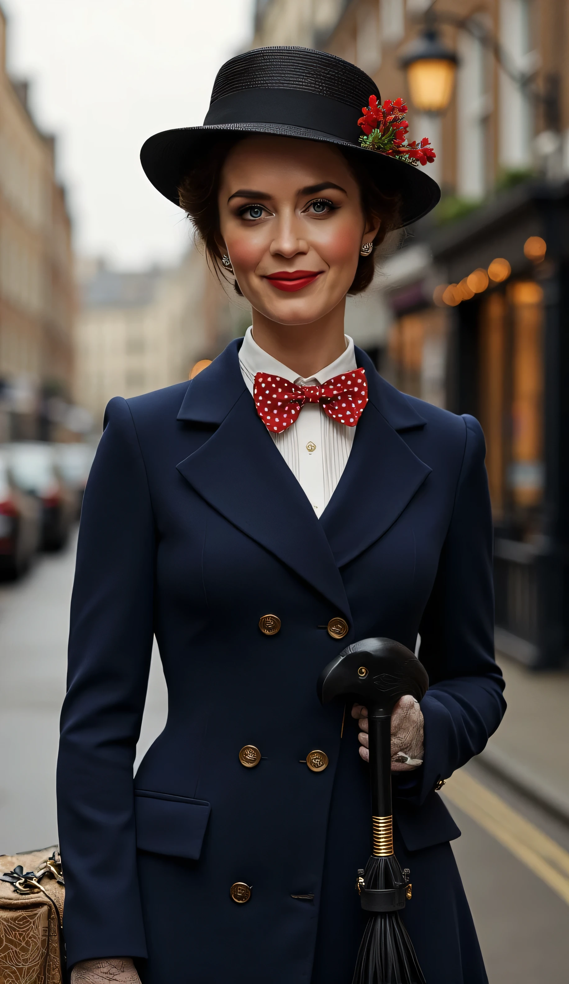 Create a realistic depiction of Emily Blunt as Mary Poppins. She is wearing a tailored navy-blue coat with a fitted waist and flared hem, buttoned neatly over a crisp white blouse with a red and white polka-dot bow tie at the collar. She holds a black umbrella with a parrot-shaped handle in one hand and an intricately patterned vintage carpet bag in muted tones in the other. Her short, wavy brunette hair is styled neatly beneath a black straw boater hat adorned with a small red flower and delicate berries. Her makeup is classic, with rosy cheeks and soft red lipstick, complementing her warm, refined look. The background is an Edwardian London street scene, softly lit to evoke a magical and nostalgic atmosphere



