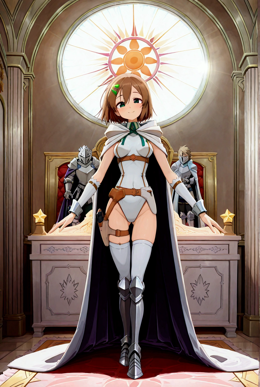 asuna, asuna_(Star), (1 girl,Alone) ,fancy, highres, the 19th,  original, (Wear it in a holster on your waist:1.3), smile, (White Knight Wizard Long Cape :1.55),  short hair,  medium breasts,  looking at the spectator, blows , Detailed hazel eyes , beautiful background, ((Morning Sun, Western-Style Private Room )), hands on chest,( brown hair ,collect cut:1.5), ( Platinum Knight Wizard Full Armor:1.55), short hair, standing,straight-on, abec,( full body:1.1),  tall white stockings ,(abec:1.4),