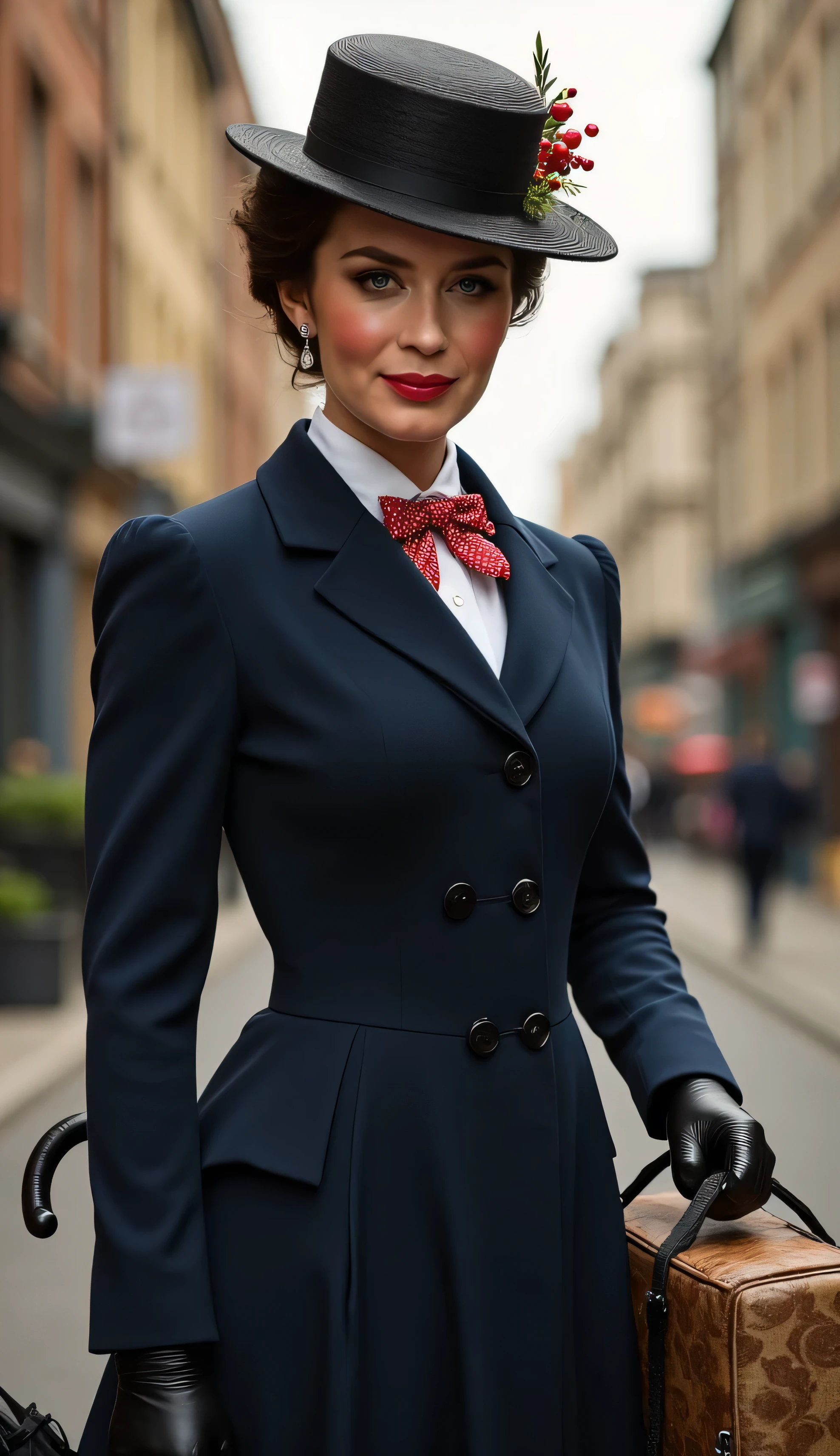 Create a realistic depiction of Emily Blunt as Mary Poppins. She is wearing a tailored navy-blue coat with a fitted waist and flared hem, buttoned neatly over a crisp white blouse with a red and white polka-dot bow tie at the collar. She holds a black umbrella with a parrot-shaped handle in one hand and an intricately patterned vintage carpet bag in muted tones in the other. Her short, wavy brunette hair is styled neatly beneath a black straw boater hat adorned with a small red flower and delicate berries. Her makeup is classic, with rosy cheeks and soft red lipstick, complementing her warm, refined look. The background is an Edwardian London street scene, softly lit to evoke a magical and nostalgic atmosphere



