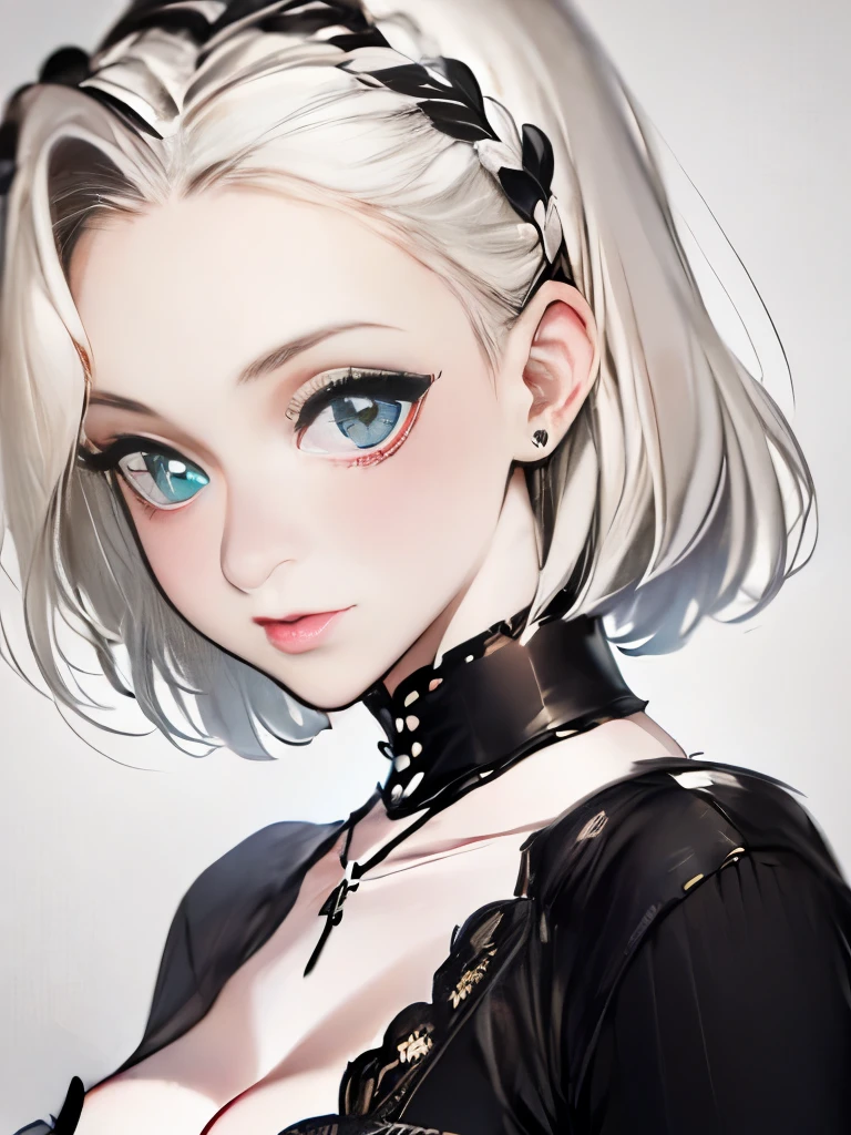girl with white short hair, hairband, detailed blue eyes, smile, gothic outfit, close-up portrait