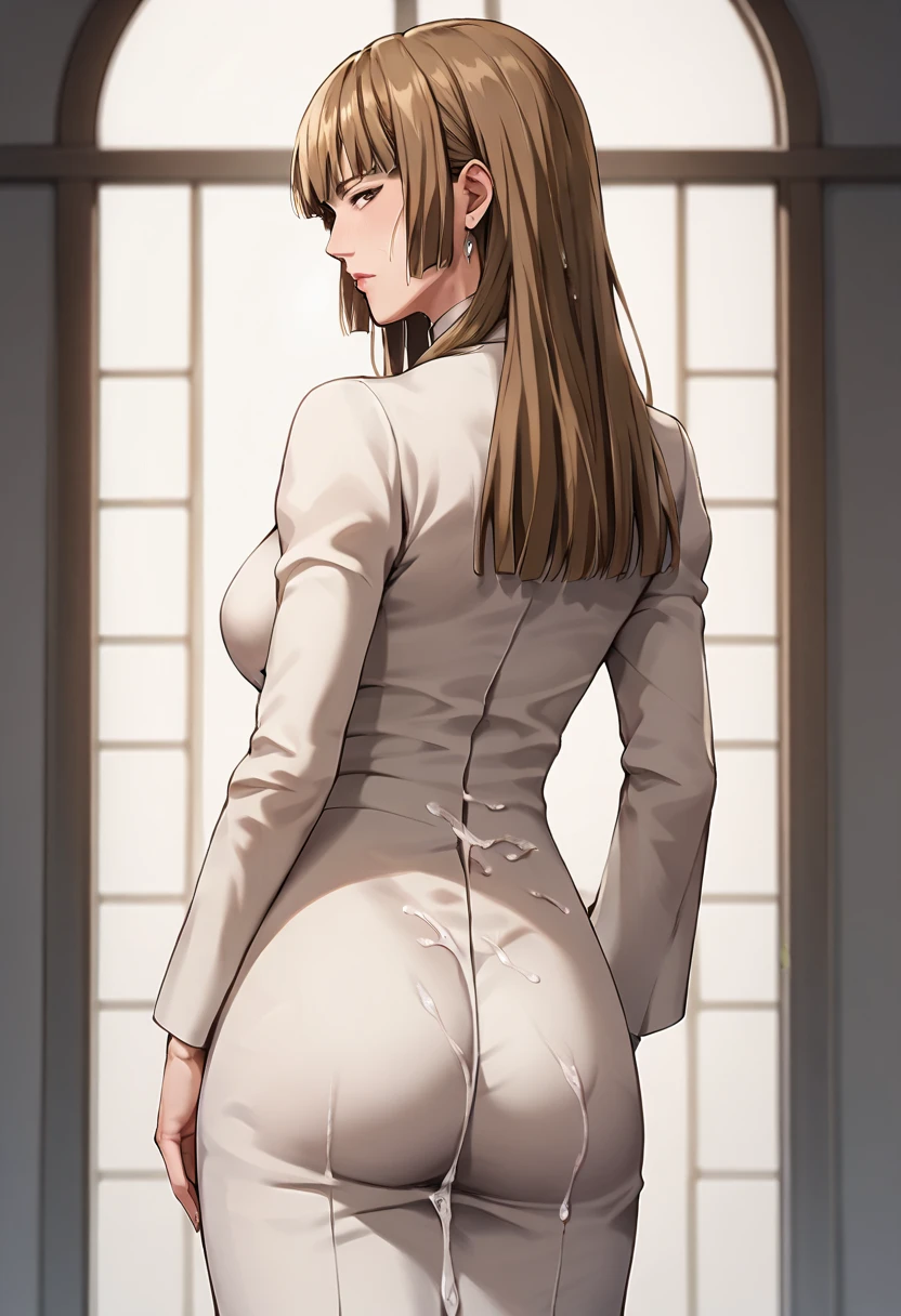  top quality,  Masterpiece , mature woman,RosaUmineko, long hair, brown hair, brown eyes,  standing with different breasts 、cum on hip,from behind 