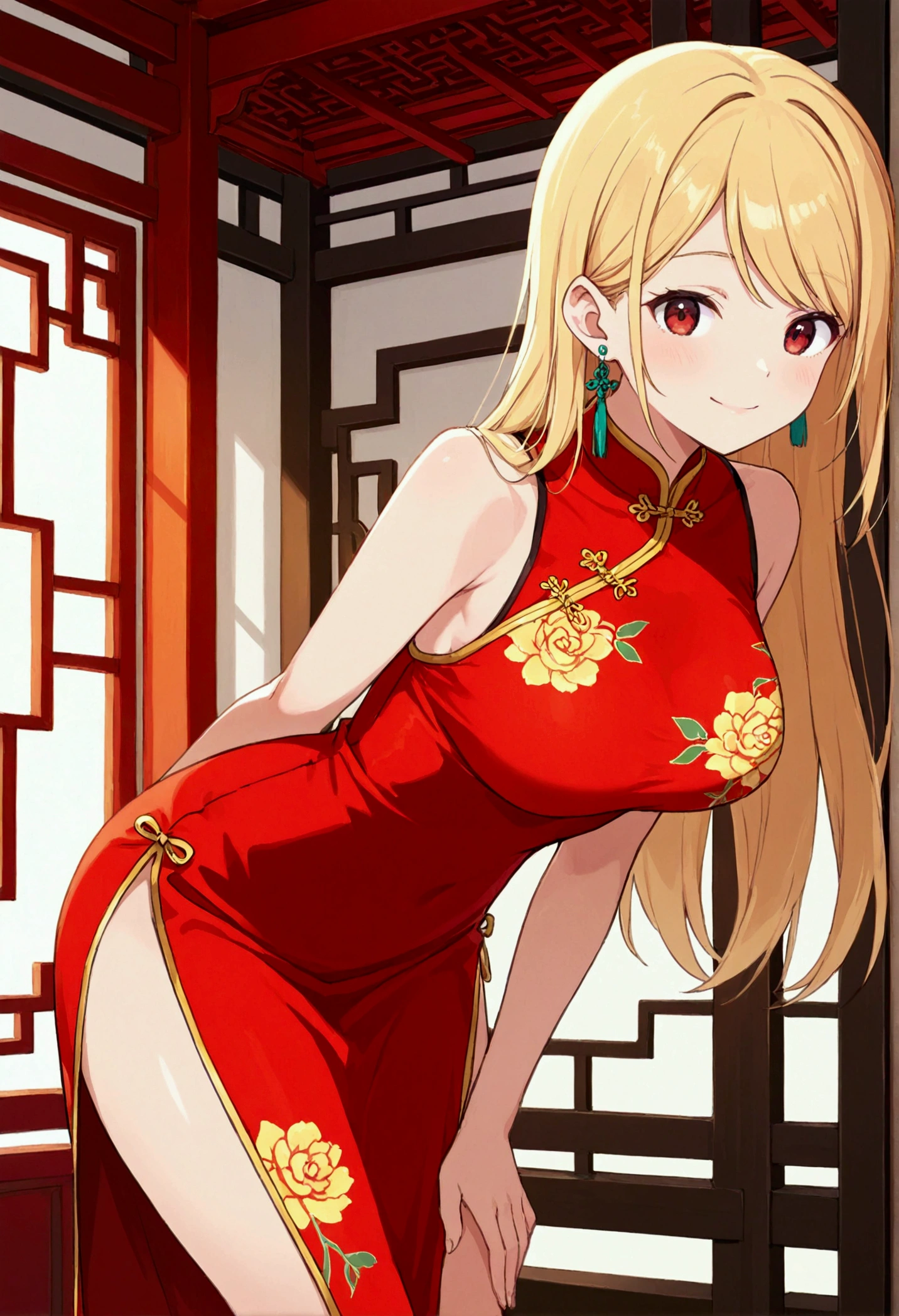 score_9, score_8_up, score_7_up, intricate details, 1girl, dress, chinese clothes, china dress, solo, long hair, blonde hair, looking at viewer, smile, earrings, red dress, jewelry, red eyes, floral print, bare shoulders, leaning forward, closed mouth, sleeveless, sleeveless dress, thighs, cowboy shot, side slit, bare arms, large breasts, swept bangs, arm behind back,