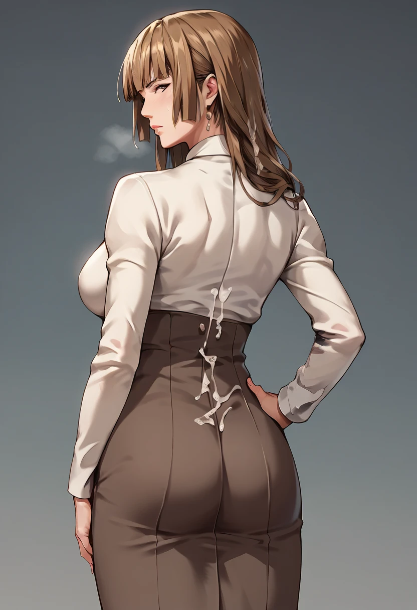  top quality,  Masterpiece , mature woman,RosaUmineko, long hair, brown hair, brown eyes,  standing with different breasts 、cum on hip,from behind 