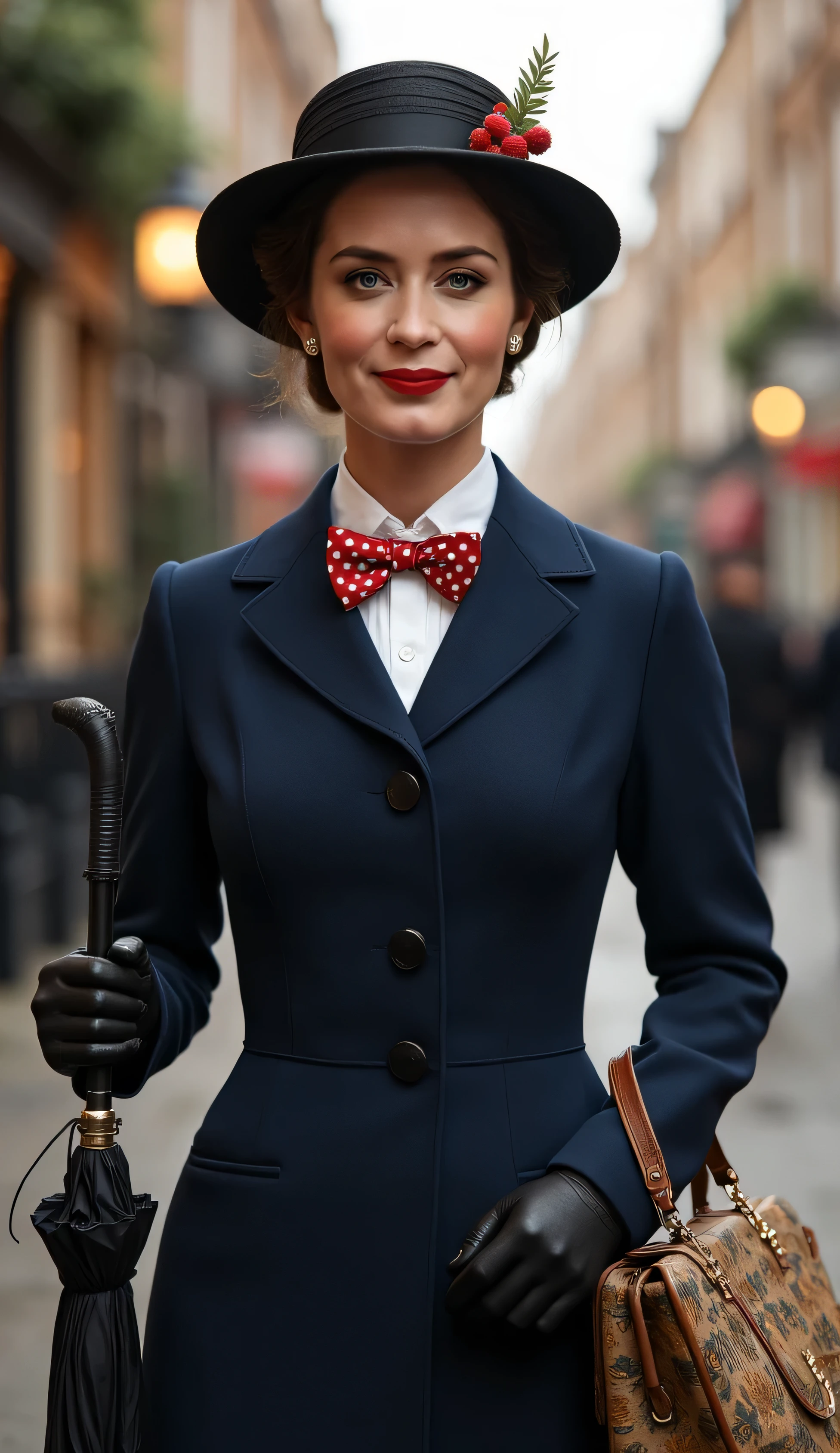 Create a realistic depiction of Emily Blunt as Mary Poppins. She is wearing a tailored navy-blue coat with a fitted waist and flared hem, buttoned neatly over a crisp white blouse with a red and white polka-dot bow tie at the collar. She holds a black umbrella with a parrot-shaped handle in one hand and an intricately patterned vintage carpet bag in muted tones in the other. Her short, wavy brunette hair is styled neatly beneath a black straw boater hat adorned with a small red flower and delicate berries. Her makeup is classic, with rosy cheeks and soft red lipstick, complementing her warm, refined look. The background is an Edwardian London street scene, softly lit to evoke a magical and nostalgic atmosphere



