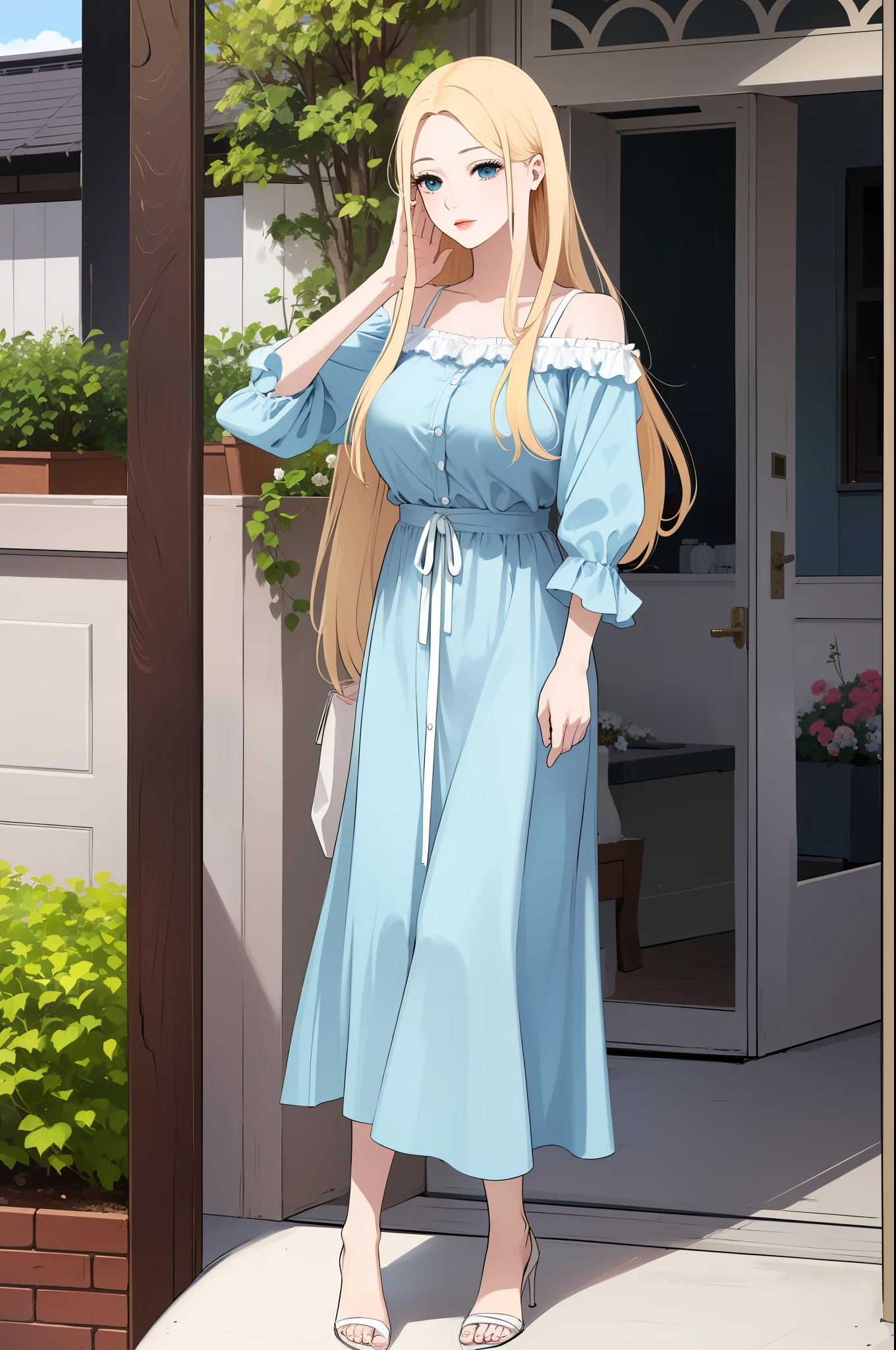 An extremely gorgeous stunning beautiful feminine mother with long straight blonde hair tied with a white ribbon, extremely fair white skin, big green-blue hazel eyes, plump red glossy lips, a plain simple smile, a plain thin slim normal body, tender arms, and a plain expression, wearing a simple long floor-length modest sky blue floral dress with a cardigan worn in an off-shoulder style, flat heels, standing straight, garden in the background, show full drawing from head to feet.