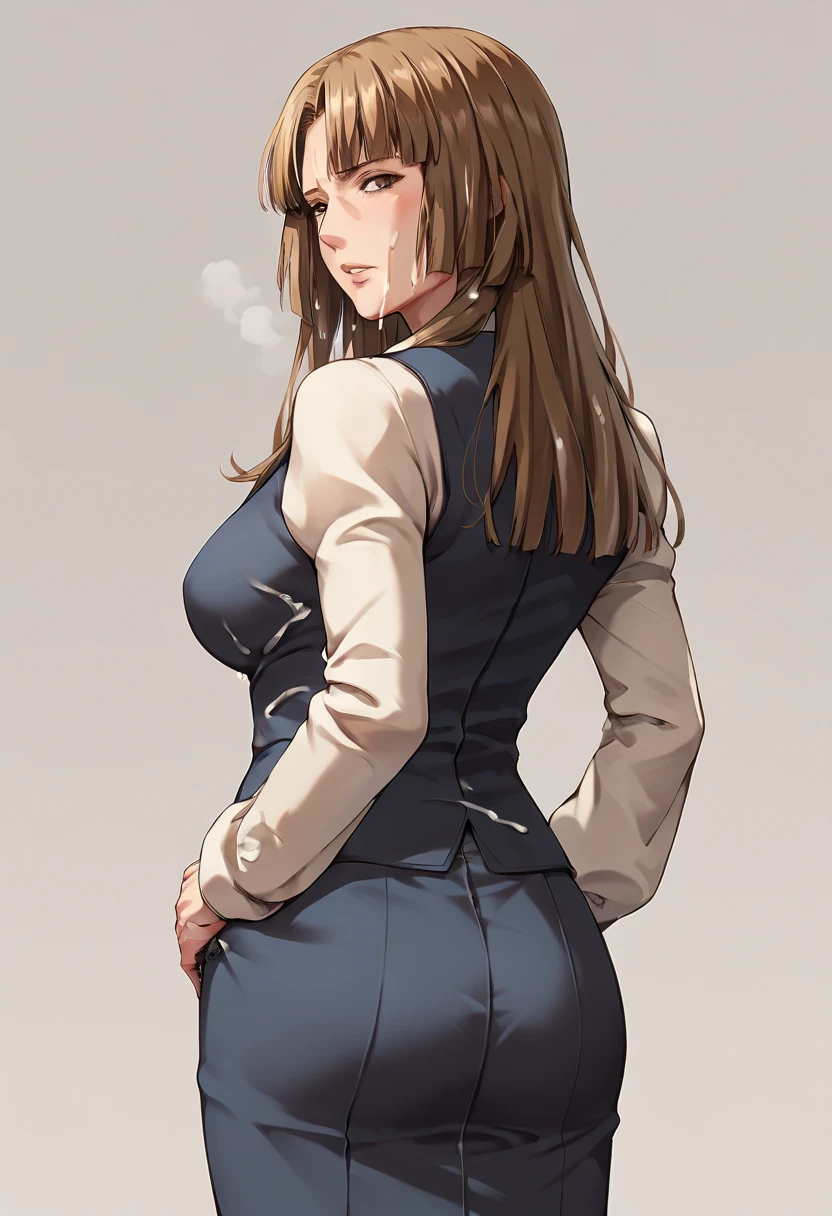  top quality,  Masterpiece , mature woman,RosaUmineko, long hair, brown hair, brown eyes,  standing with different breasts 、cum on hip,from behind 