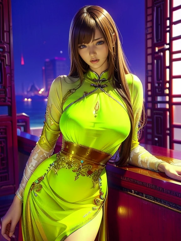 Tifa lockhart, implanted Big breast, ((long sleeve thin yellow  dress that show body curve with a cleavage)),Game,1girl,Jewel ring,Gold chained round shape necklace,Hoopa earring,Bracelet,Big cleavage,topknot hair bun,((Beehive Bun style)) ,black hair,Curvy figure,Unnatural big breast,Cleavage,black color long nail,Swaying hip,Head to waist view,Sculpted calves figure,Thick tights,Wide hips,very big cleavage,Enchanced big breast,((Diamond wedding ring)),Aristoticat ring, Detailed eyes,Busty,don corneo mansion,Madam tifa,View from front,dangerous cleavage,semi sweetheart cleavage,Solo,looking at you,Dignified expression,Show off cleavage,detailed hands,Detailed eyes,Gaze on viewer,Curvy figure,hand in hip pose