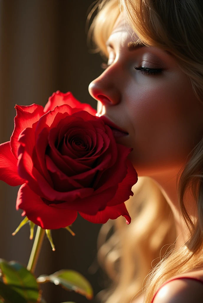 A woman, resembling with Gal Gadot actress, sitting in a white lace dress holding a rose flower in her hand with her head bowed, crying. In her surrounding, there are roses. The roses symbolize love and beauty, while her posture and expression convey a deep sense of sorrow and emotional pain. Realistic image