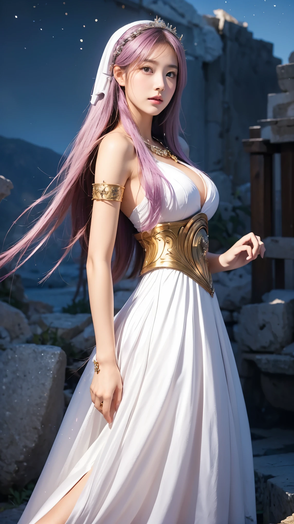 Top quality, high resolution, (realistic: 1.4), clean face, detailed face, shiny skin, 8k, (raw photo), meadow, shy expression, desolate temple, detailed background, Japanese idol (actress), large breasts, fire from right hand, cold air from left hand, very clean body, well styled, brek, ( Official Style), game, Dragon Quest 3, woman, sage