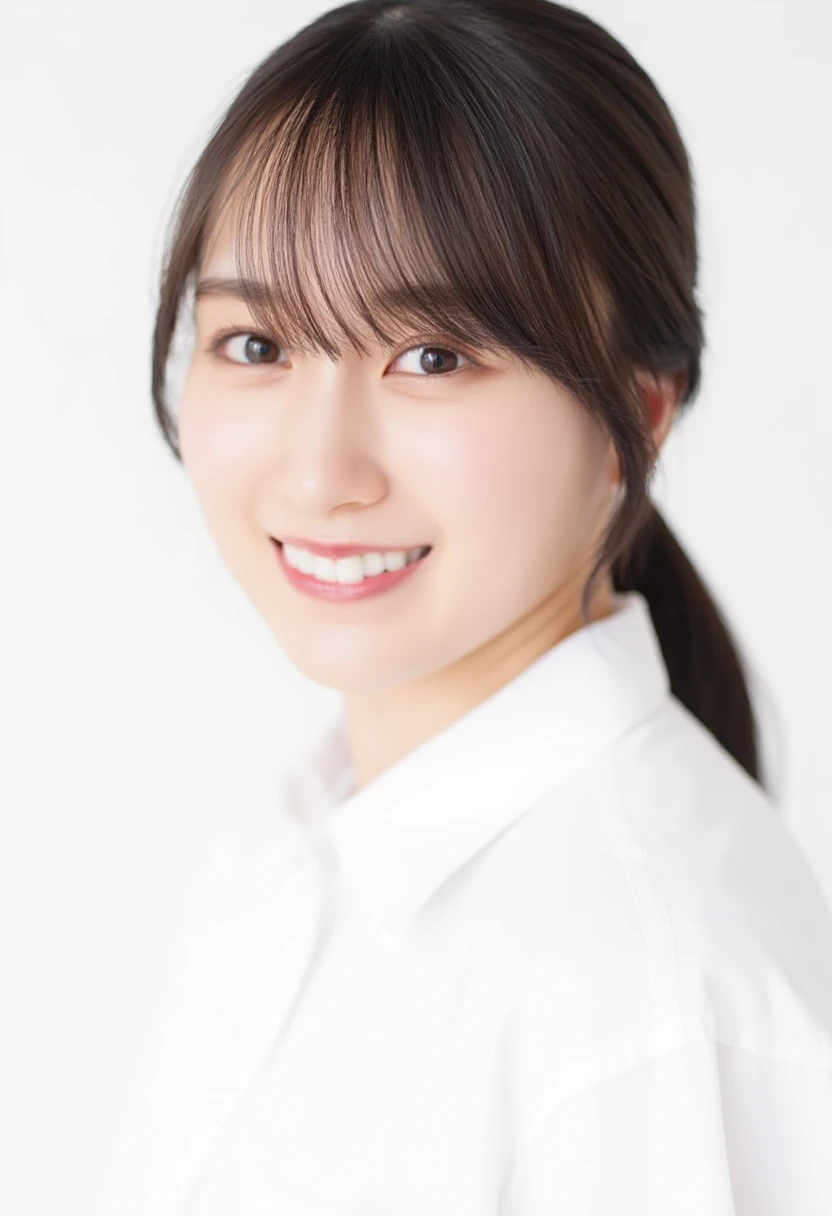   close-up portrait of a cute thing sitting young asian woman standing on a pure white background .   the woman has dark brown hair with bangs  ,   bright eyes and dark brown eyebrows  , and dark brown eyes.  She's Smiling ,   her lips are slightly slack  ,  and she has ringed  ,  pink cheeks.   the woman's hair is pulled back  ,   bangs pulled back from above 、It's flowing down her forehead  .   she's buttoned on her collar 、 wearing a long sleeve white shirt buttoned on her chest .  She's posing for the camera  .   her right arm is facing the side of the frame  ,   x} and one ear on her left wrist are hidden below her waist while open  . 