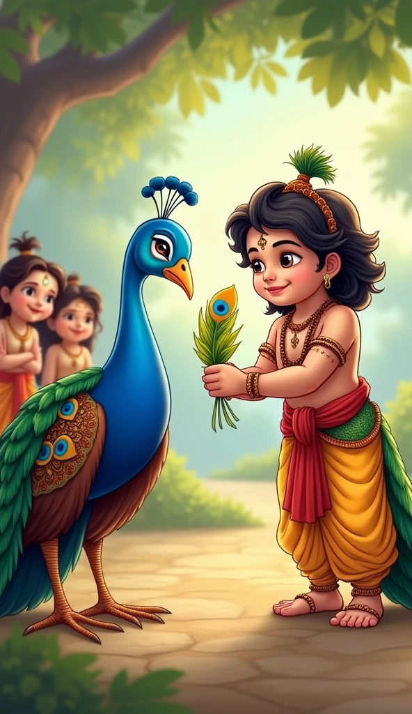 Draw me a picture , chubby boy sitting under the tree ,there is a genie, holding roast chicken for the boy