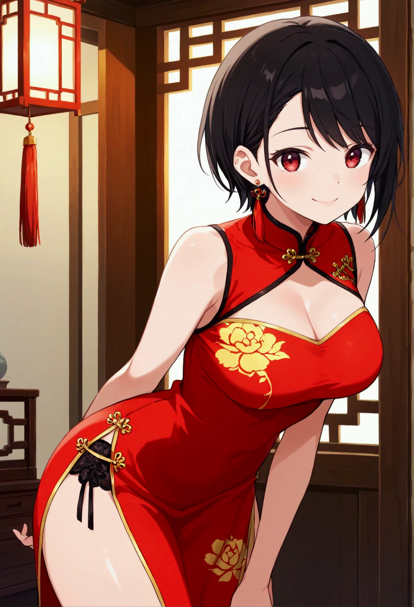 score_9, score_8_up, score_7_up, intricate details, 1girl, dress, chinese clothes, china dress, solo, short hair, cut hair, fringe, black hair, looking at viewer, smile, earrings, red dress, jewelry, red eyes, floral print, bare shoulders, leaning forward, closed mouth, sleeveless, sleeveless dress, thick thighs, cowboy shot, side slit, bare arms, large breasts, swept bangs, arm behind back,