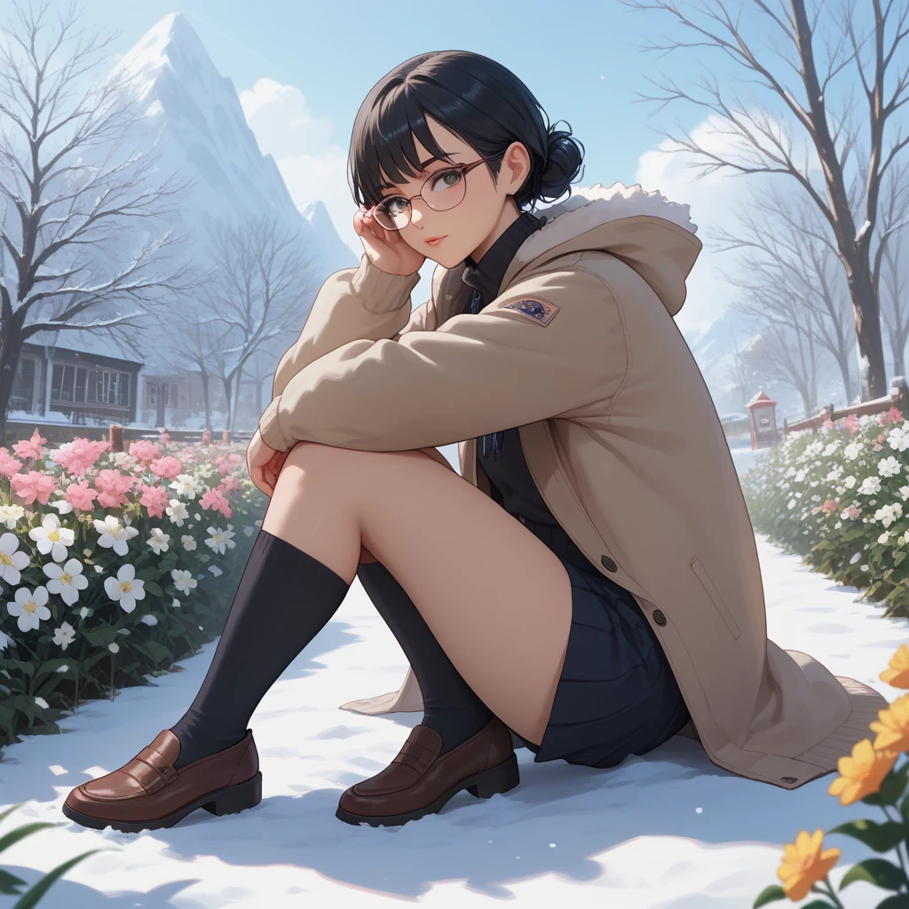 winter， A girl with short black hair and glasses smiles，Flowers on the edge ，Show knee to head，Business-friendly 