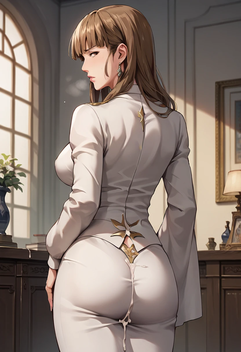  top quality,  Masterpiece , mature woman,RosaUmineko, long hair, brown hair, brown eyes,  standing with different breasts 、cum on hip,from behind 