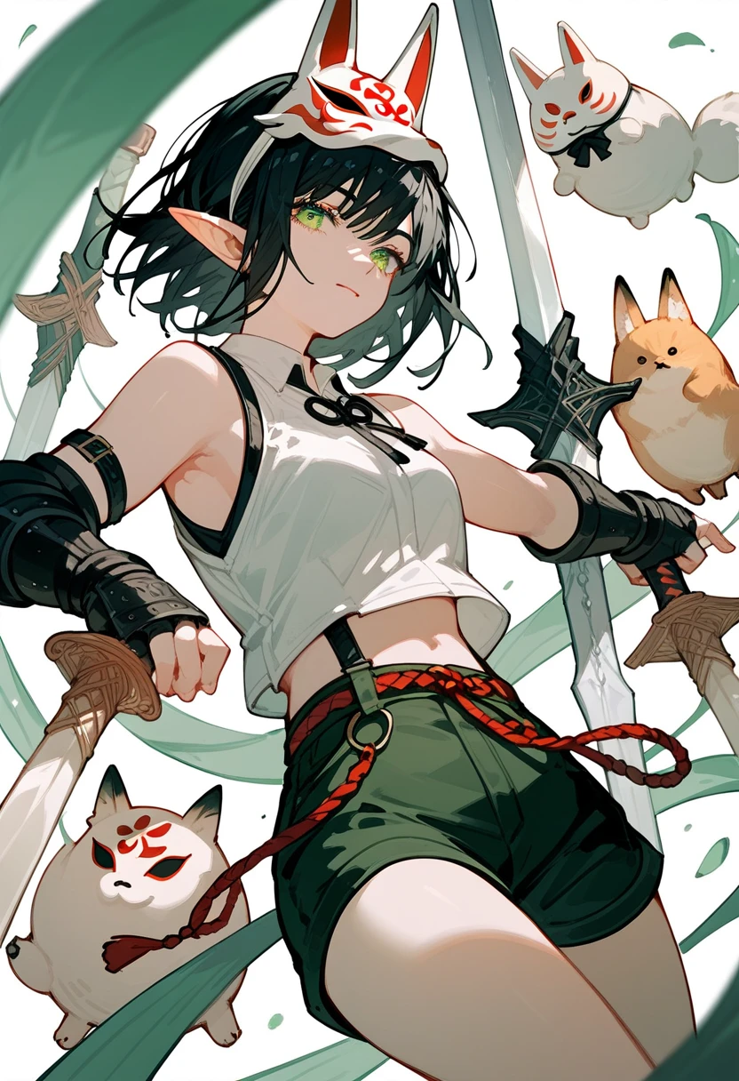 Elf Girl,Wearing a fox mask,Black hair,Pointed ears, chainsaw art, White Sleeveless Top, Shorts,Multiple Belts ,Short hair, in green eyes ,Double Sword