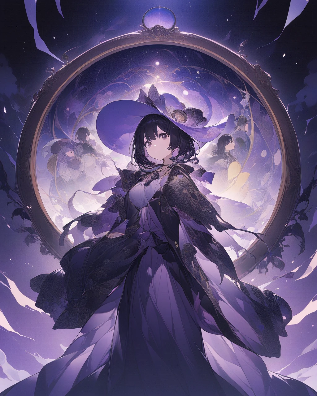 ((masterpiece,best quality,detailed)), 4k,8k,higres, 1girl , horns,float,dragon background, navy blue hair, twist braid, braid, deep cyan eyes,witch dress, broom, The Colosseum, starry sky, moonlight dapple,meadow