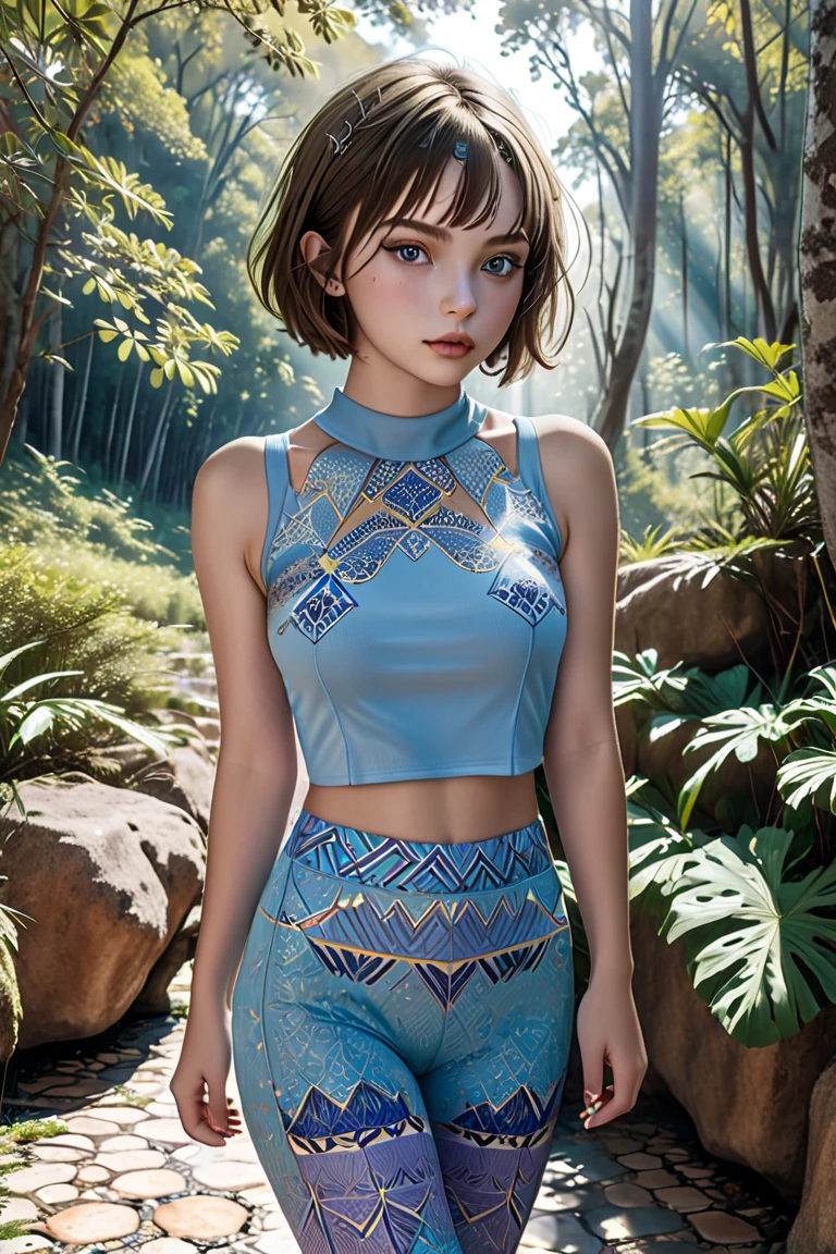 A Thay teenage model of rare beauty, with slightly tanned coffee mocha mousse skin, short coffee brown hair in a bob cut, small, perky breasts, distracted açaí blue niponic eyes, and long, delicate hands. She is wearing a vanilla blue top with turquoise geometric patterns, violet leggings, and lilac hiking shoes. She is walking in a forest of tropical trees with a rustic stone floor. Damp, reflective floor, vanilla blue sky, backlit sun, cumulonimbus cloud. 
Color photograph (primary colors)Camera Canon EOS R6 Mark II, 55 mm, ISO 100,400, 4K