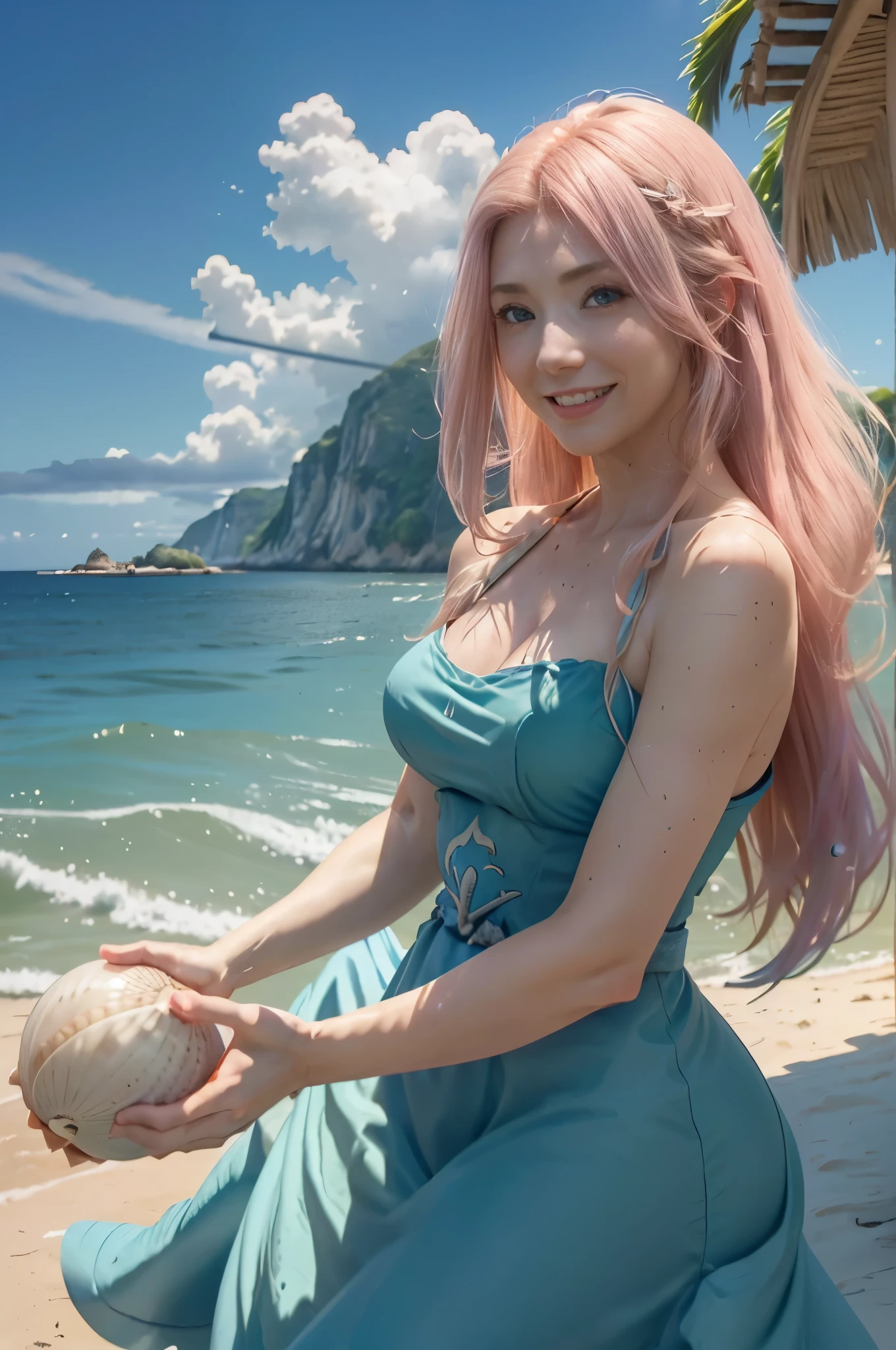 delicate and beautiful CG artwork),(best quality, ultra-detailed, high resolution),(dynamic angle, dynamic lighting),(1 character),(long pink and blonde hair), blue eyes, beautiful face), 1 girl, (long sideburns, plants, smile, long blue dress, 3 d, ocean, water, beach ball, sea shells, sunny, windy, tara.tainton 