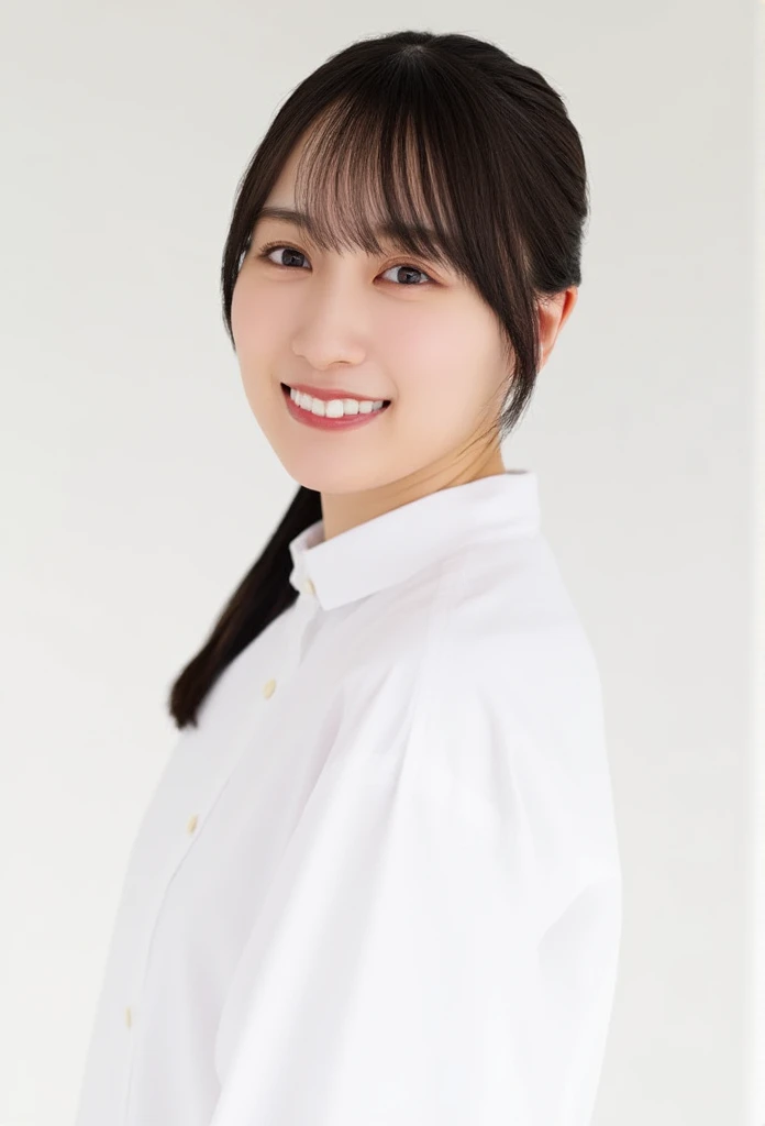   close-up portrait of a cute thing sitting young asian woman standing on a pure white background .   the woman has dark brown hair with bangs  ,   bright eyes and dark brown eyebrows  , and dark brown eyes.  She's Smiling ,   her lips are slightly slack  ,  and she has ringed  ,  pink cheeks.   the woman's hair is pulled back  ,   bangs pulled back from above 、It's flowing down her forehead  .   she's buttoned on her collar 、 wearing a long sleeve white shirt buttoned on her chest .  She's posing for the camera  .   her right arm is facing the side of the frame  ,   x} and one ear on her left wrist are hidden below her waist while open  . 