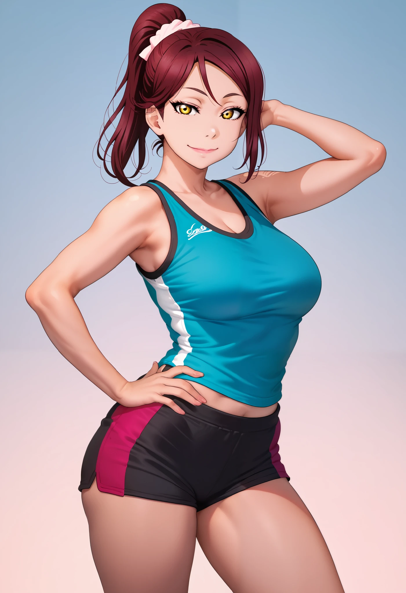 masterpiece, best quality,realistic anime art, solo, wearing sports clothes,large breasts ,dark red hair ,short sleeves, thighs,yellow eyes , sakurauchi riko love live , standing , looking at viewer,(lipstick:0.7),closed mouth, ponytail,half closed eyes , smile,layerd shorts,layerd tank top, right hand on hip, left hand up behind head,RUKIA Style